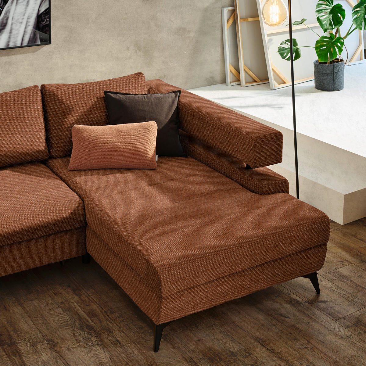 ECKSOFA in Chenille Cognac  - Cognac/Schwarz, Konventionell, Textil/Metall (265/184cm) - Hom`in