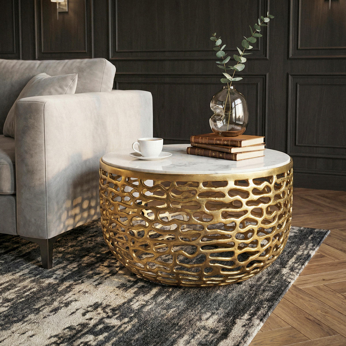 COUCHTISCH 60/60/35 cm rund Goldfarben  - Goldfarben, Design, Stein/Metall (60/60/35cm) - Livetastic