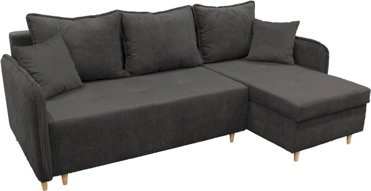 ECKSOFA TEDDY Dunkelgrau Cord, Bouclé Zierkissen, Rückenkissen, Bettkasten  - Dunkelgrau/Naturfarben, Design, Holz/Textil (215/142cm) - MID.YOU