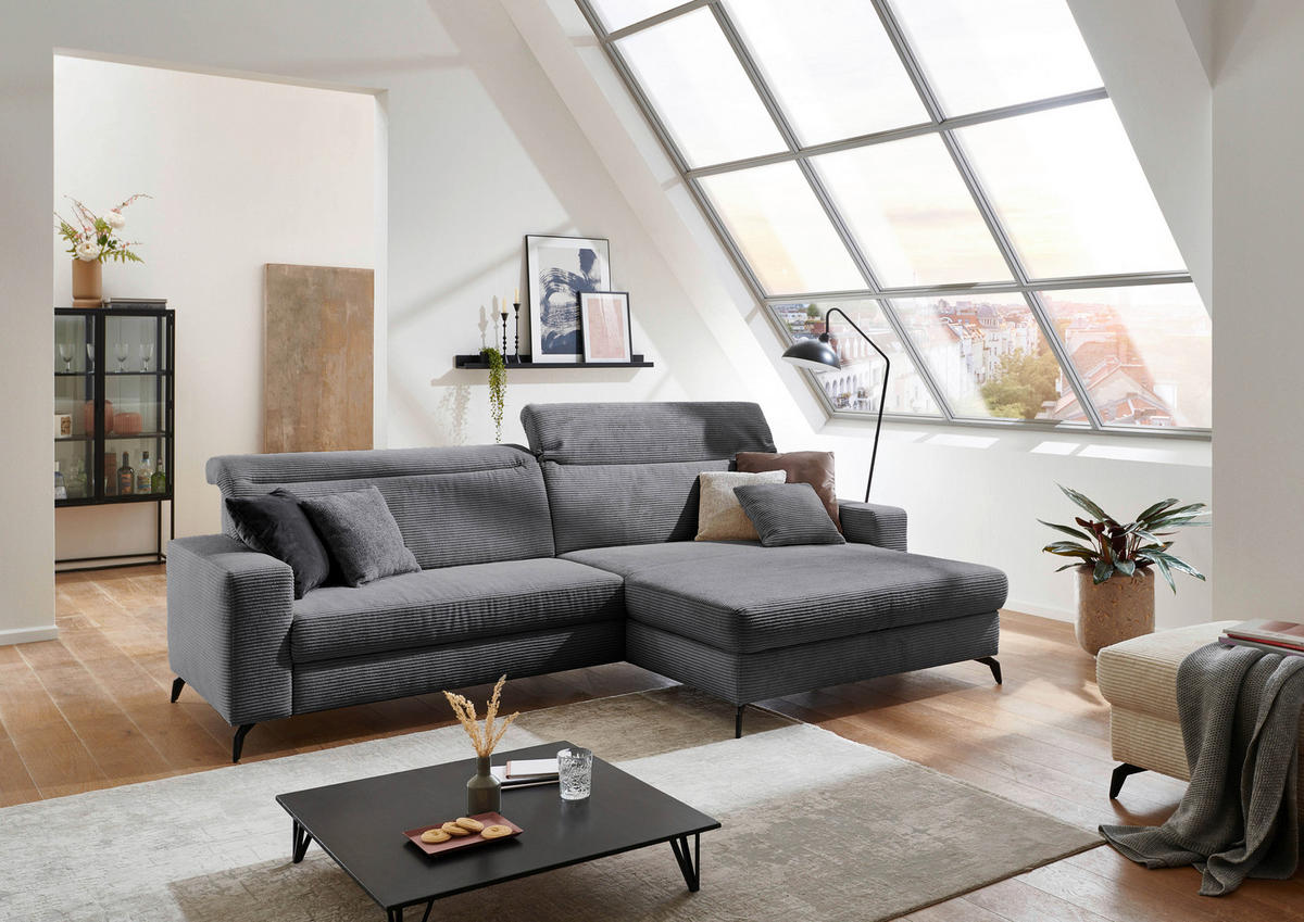 ECKSOFA in Cord Grau  - Schwarz/Grau, Konventionell, Textil/Metall (290/178cm) - Sit & More