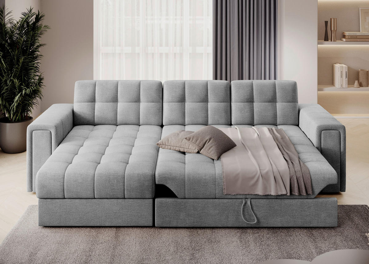 ECKSOFA Samt Hellgrau  - Hellgrau/Schwarz, Design, Kunststoff/Textil (260/150cm) - MID.YOU