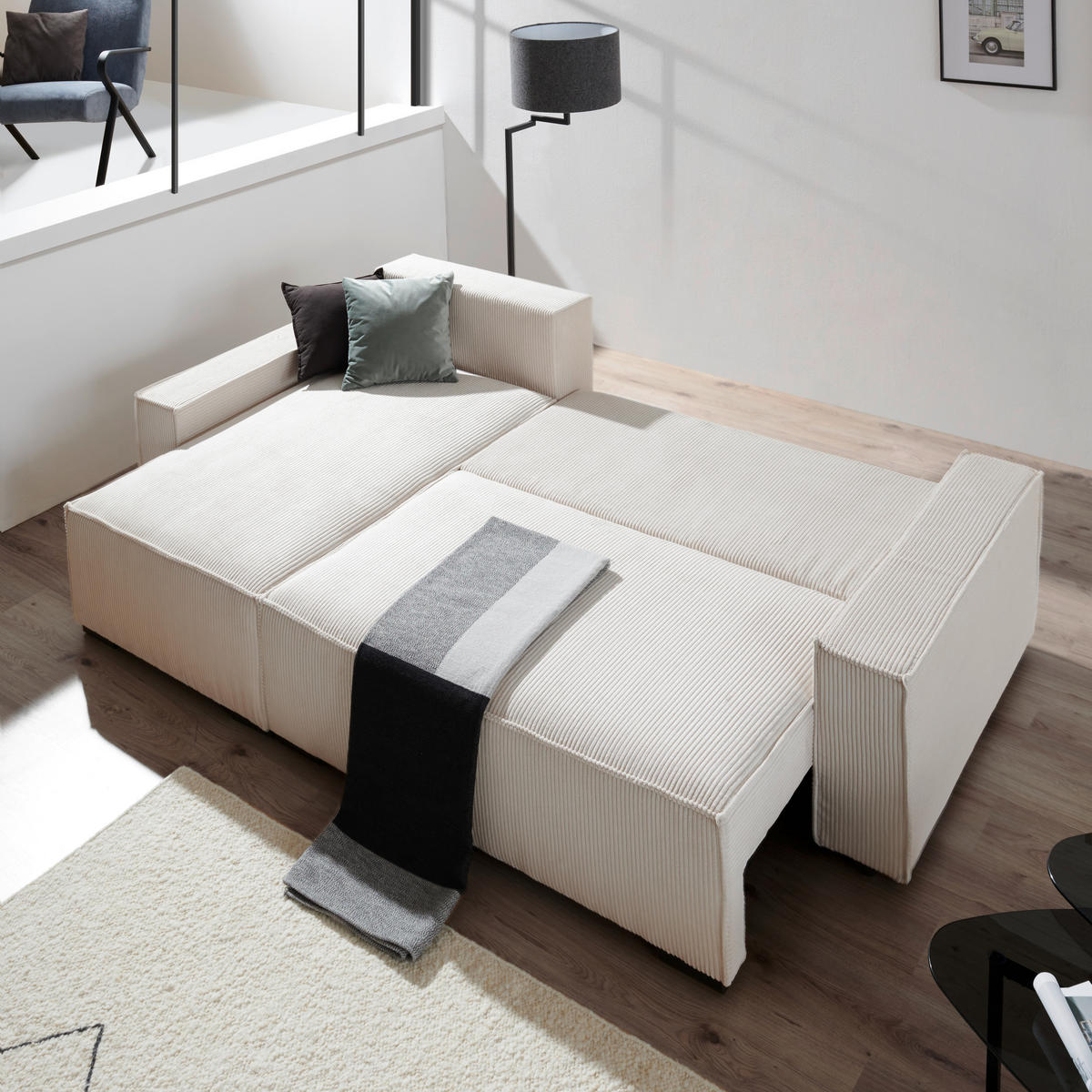 ECKSOFA in Cord Creme  - Creme/Schwarz, Modern, Holz/Textil (157/265cm) - Carryhome