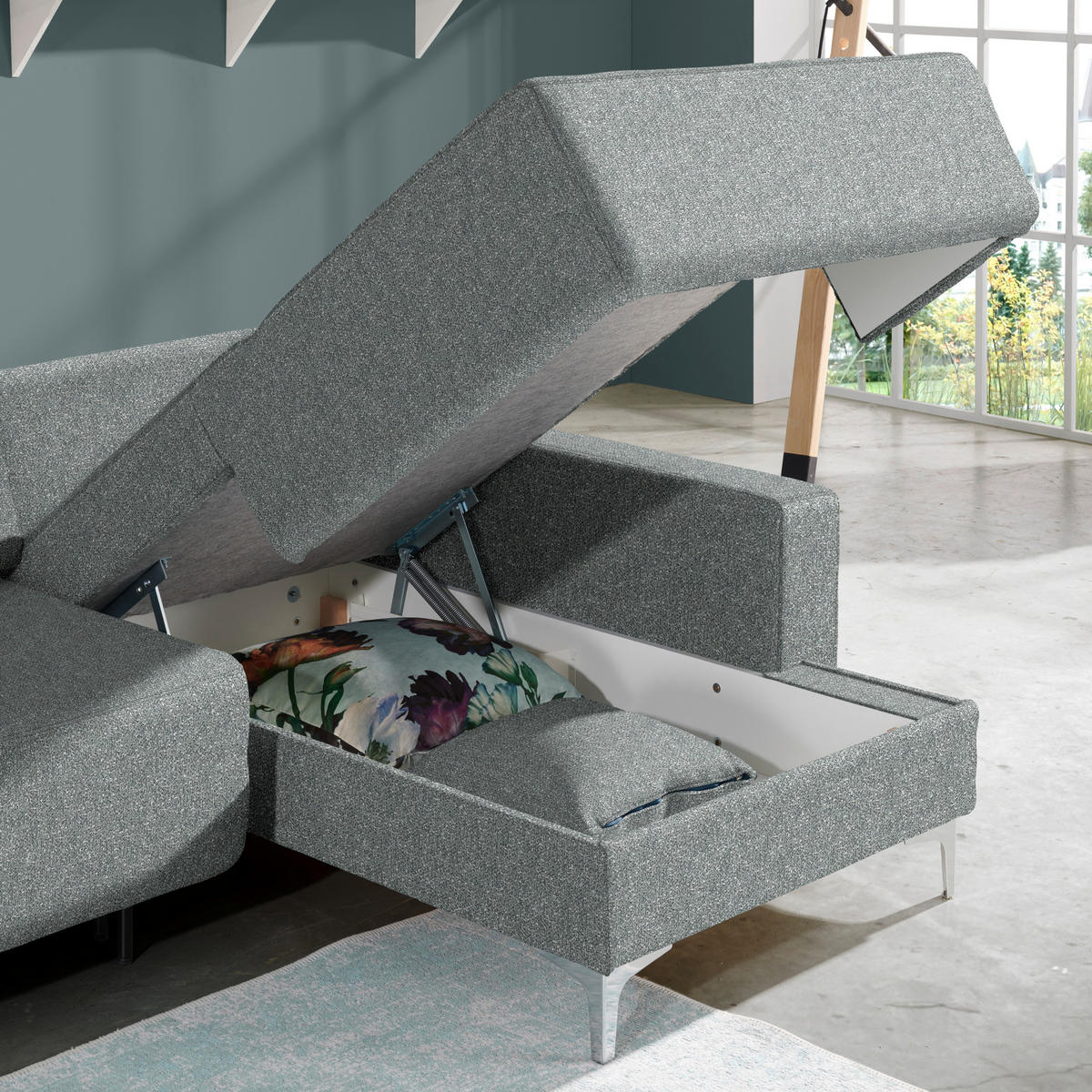 ECKSOFA  in Mikrovelours Graugrün  248/160 cm  - Alufarben/Graugrün, Design, Textil/Metall (248/160cm) - Sedda