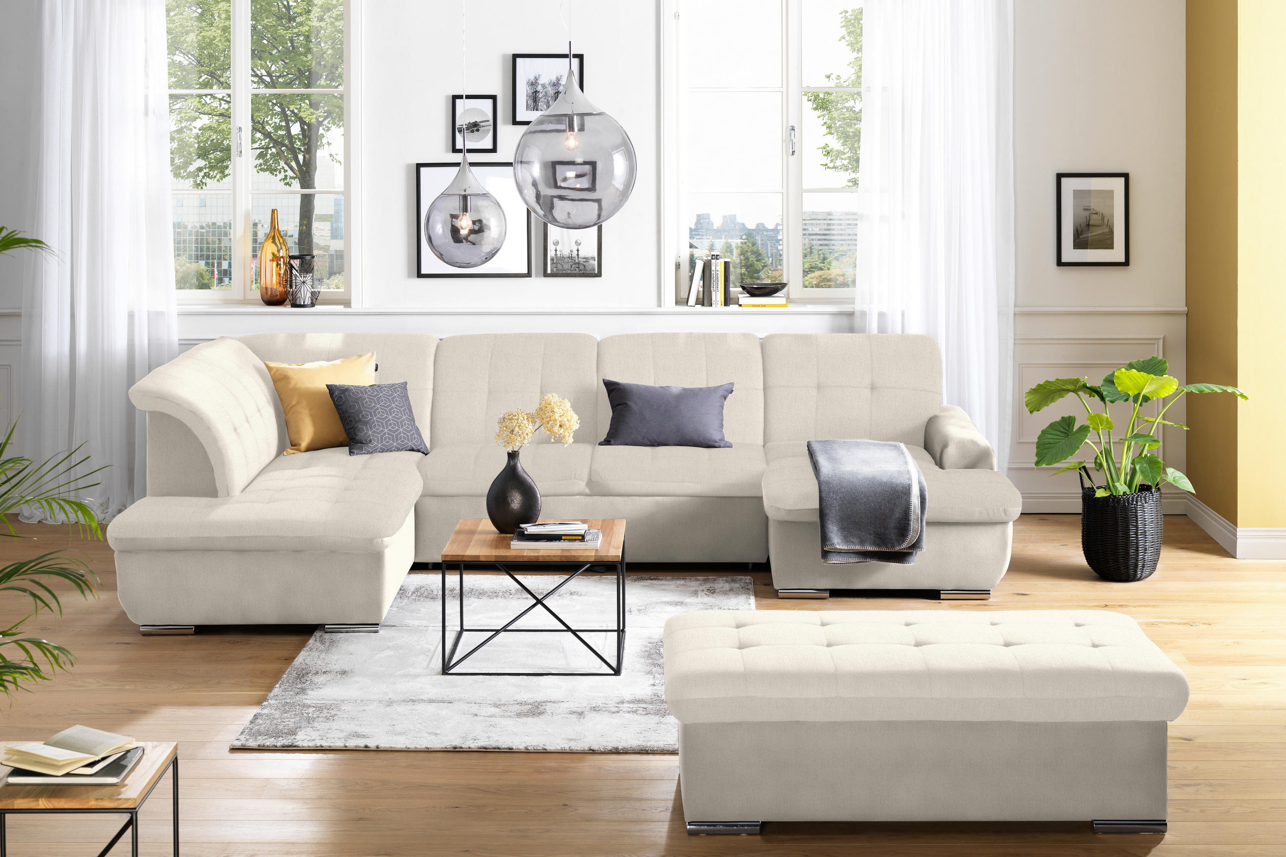 SOFFA i flatväv cremefärgad  - silver/cremefärgad, Design, metall/textil (208/342/145cm) - Livetastic