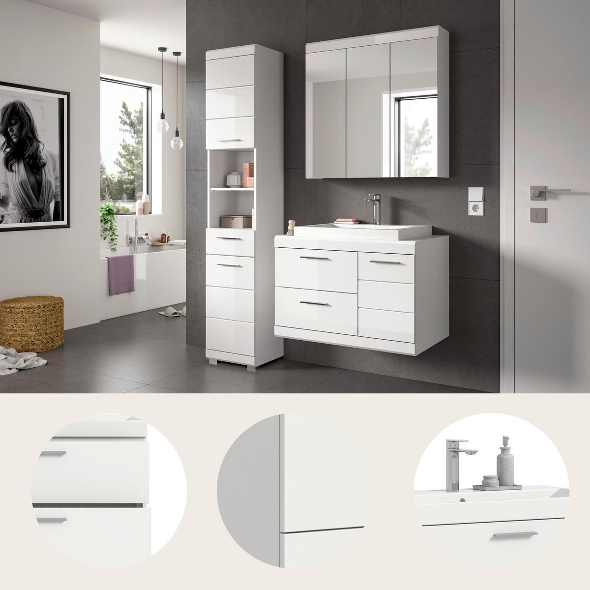 BADEZIMMER 4-teilig  in 132 cm  - Weiß Hochglanz/Silberfarben, Trend, Glas/Holzwerkstoff (132cm) - MID.YOU