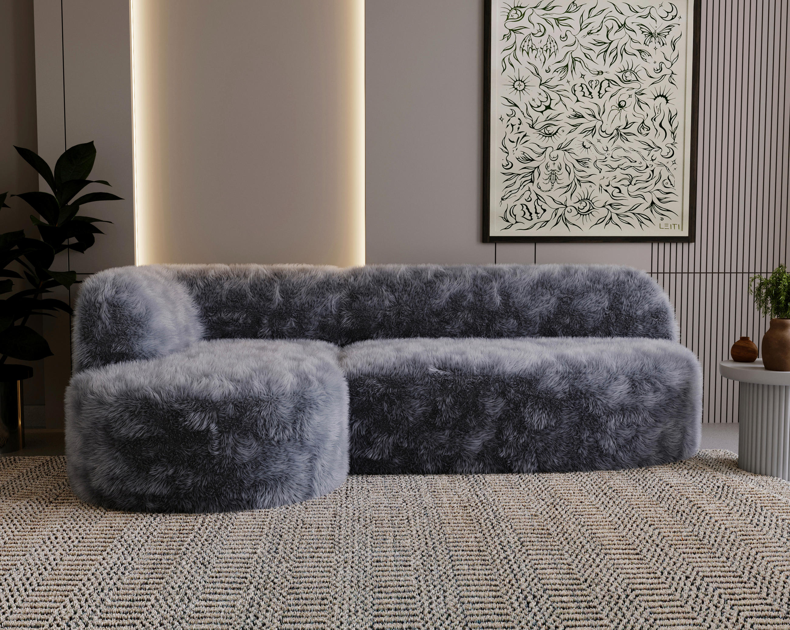 ECKSOFA Teddystoff Dunkelgrau  - Dunkelgrau/Schwarz, Design, Kunststoff/Textil (156/218cm) - Livetastic