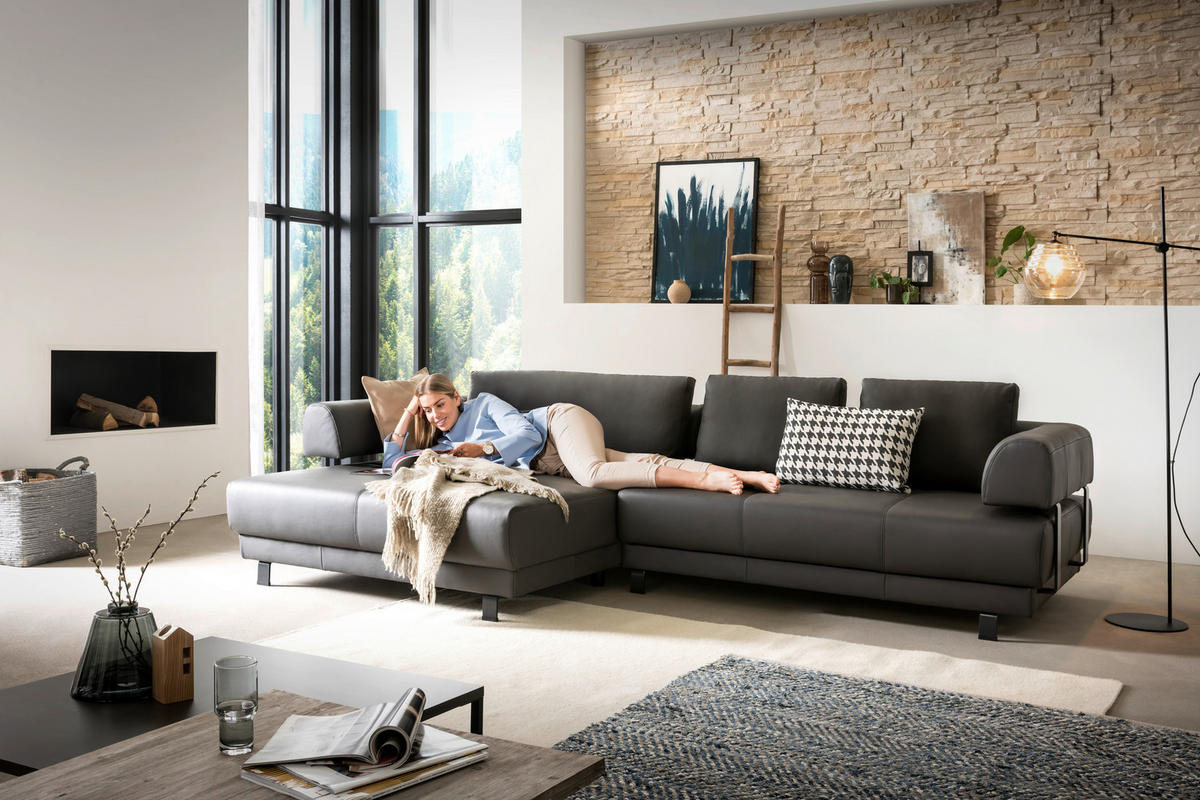 ECKSOFA in Echtleder Schieferfarben  - Schieferfarben/Schwarz, Design, Leder/Metall (188/307cm)