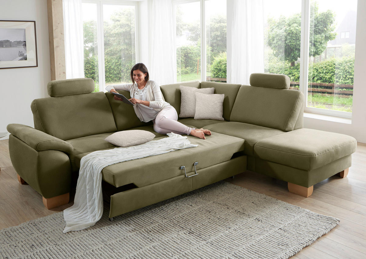 ECKSOFA in Mikrofaser Hellgrün  - Wildeiche/Beige, Natur, Holz/Textil (286/236cm) - Voleo