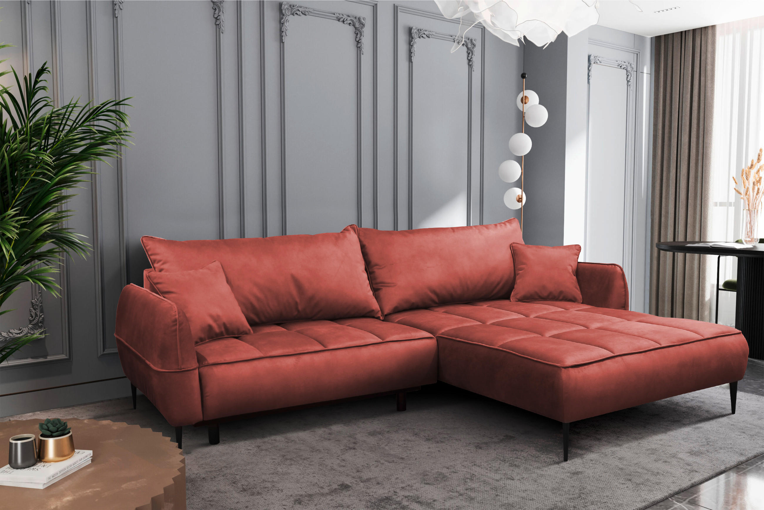 ECKSOFA in Velours Koralle  260/189 cm  - Koralle/Schwarz, Design, Textil/Metall (260/189cm) - MID.YOU