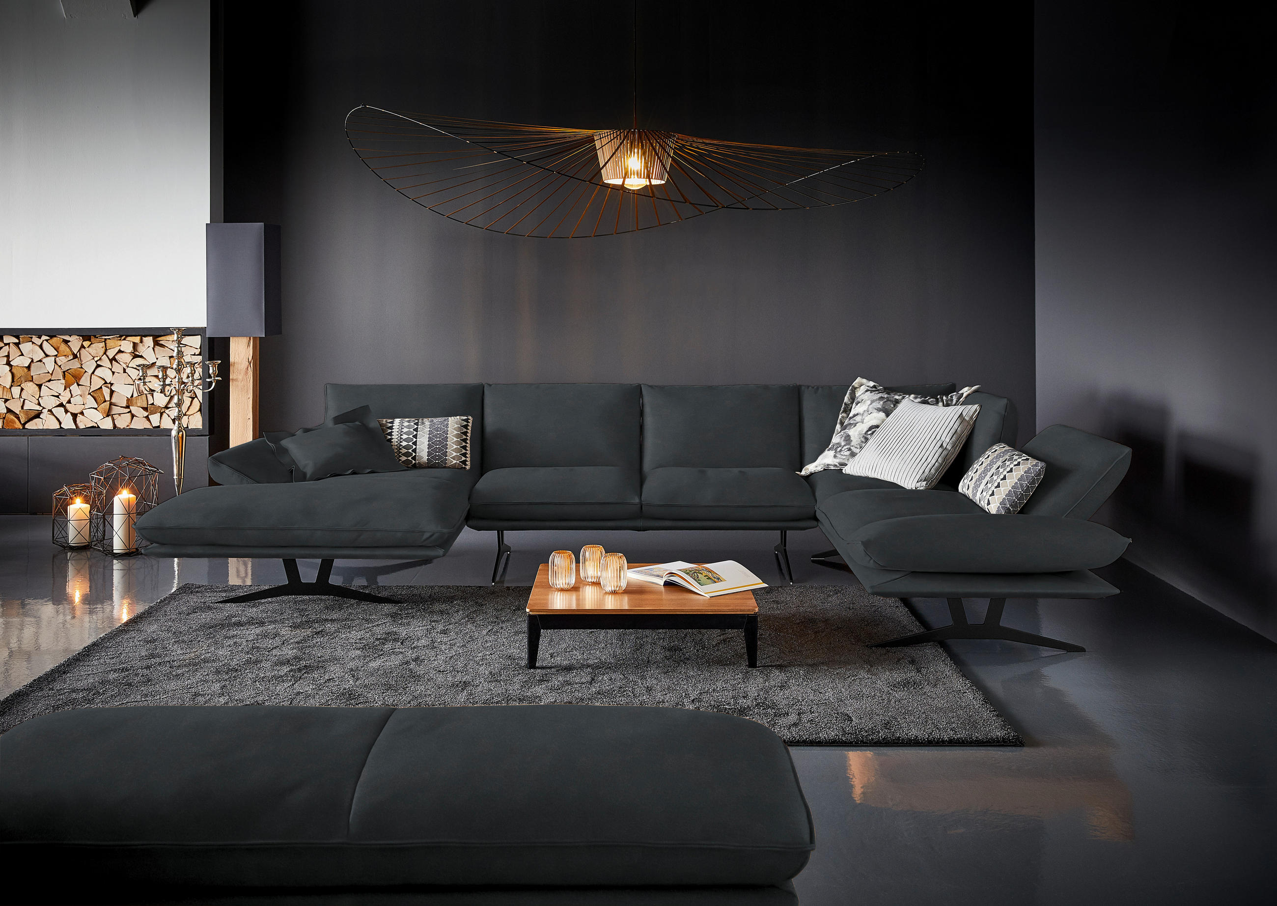 WOHNLANDSCHAFT in Echtleder Grau  - Schwarz/Grau, Natur, Leder/Metall (155/359/217cm) - Dieter Knoll