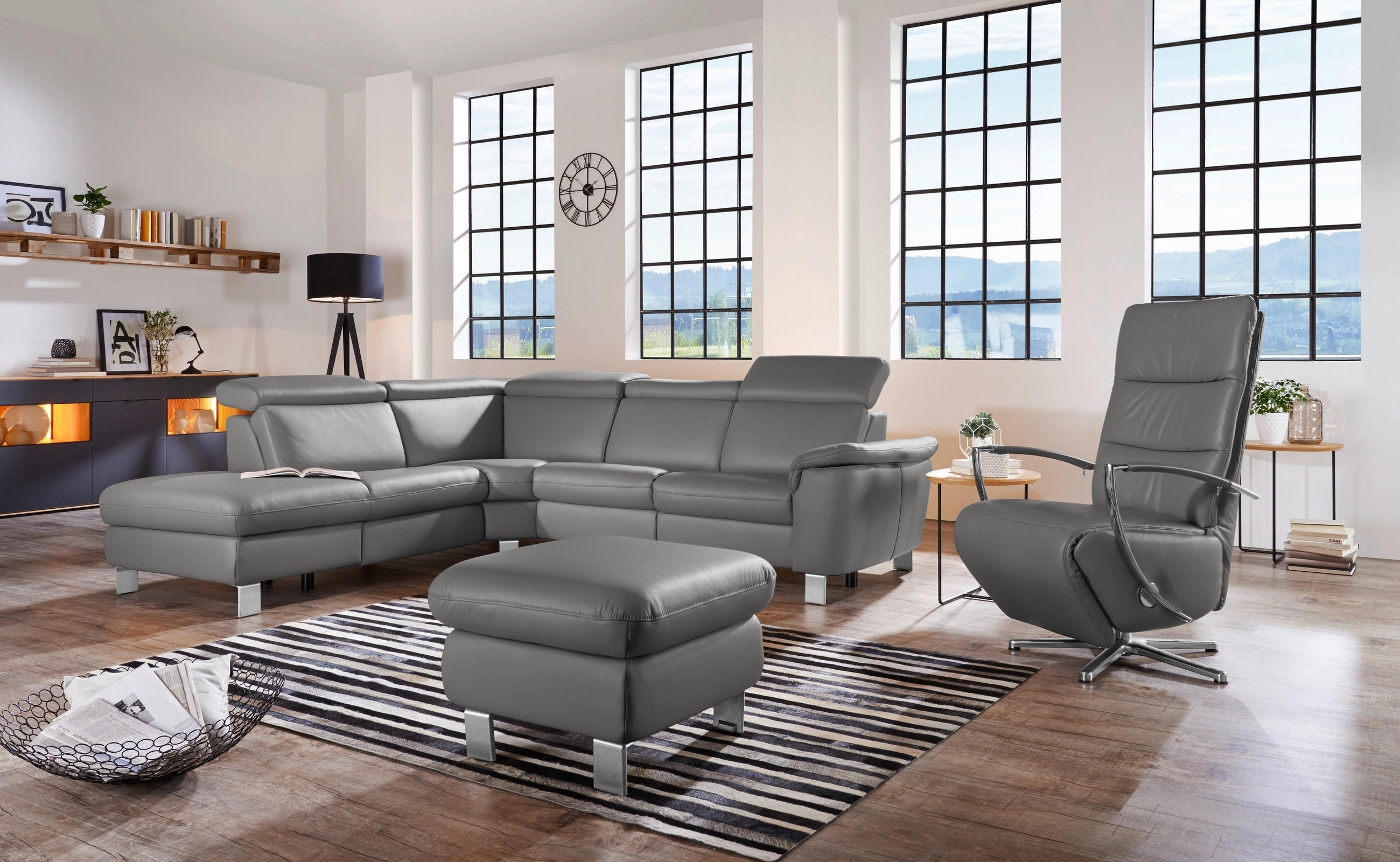 ECKSOFA in Echtleder Dunkelgrau  - Dunkelgrau/Alufarben, Design, Leder/Metall (239/271cm) - Cantus