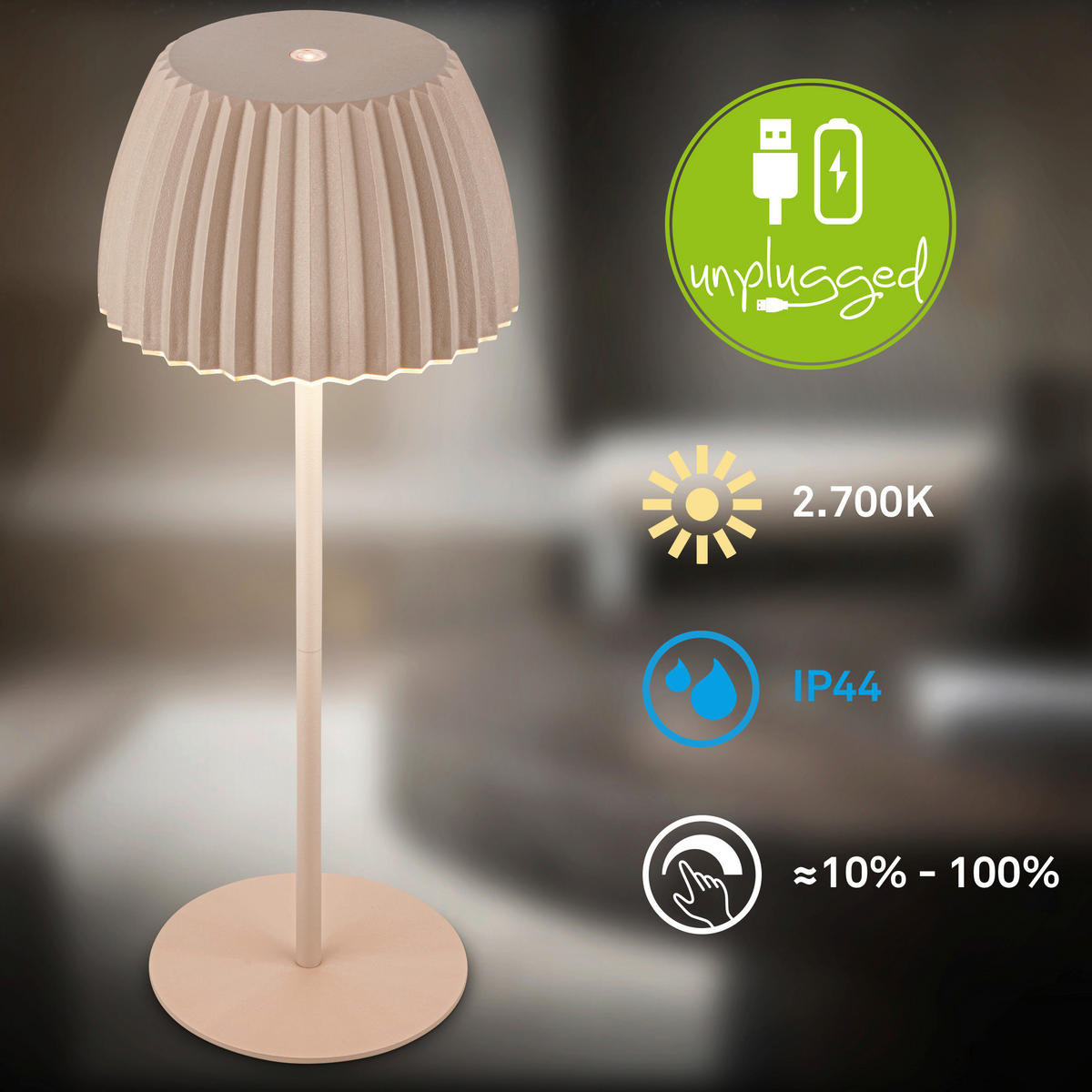 AKKU-TISCHLEUCHTE 14,5/36,5 cm  - Beige, Basics, Kunststoff/Metall (14,5/36,5cm)