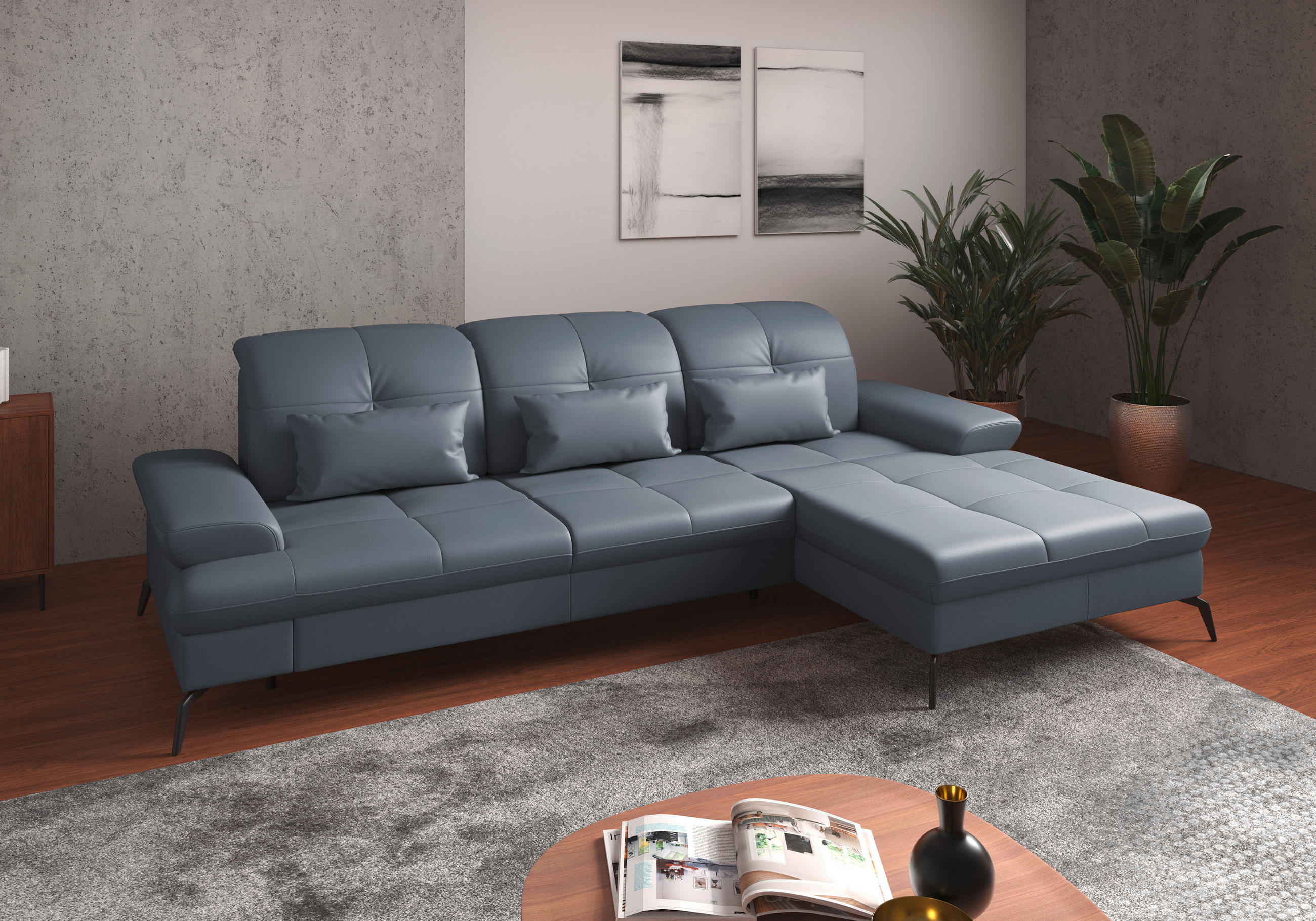 ECKSOFA in Echtleder Graublau - Graublau/Schwarz, Konventionell, Leder/Metall (279/185cm) - Sit & More