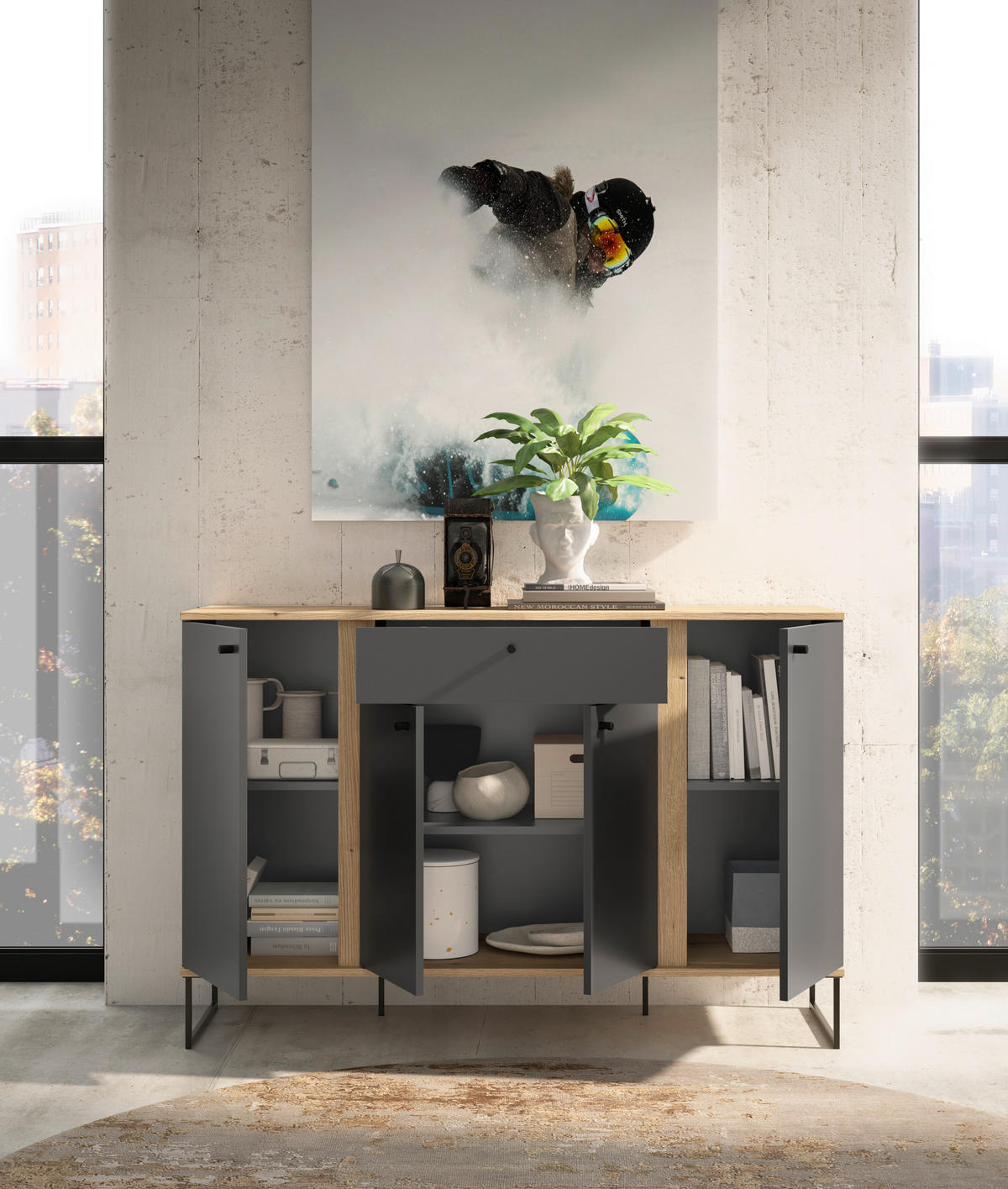 COMODĂ CU UșI 135/89/38 cm  - culoare lemn stejar/antracit, Basics, plastic/metal (135/89/38cm) - Xora