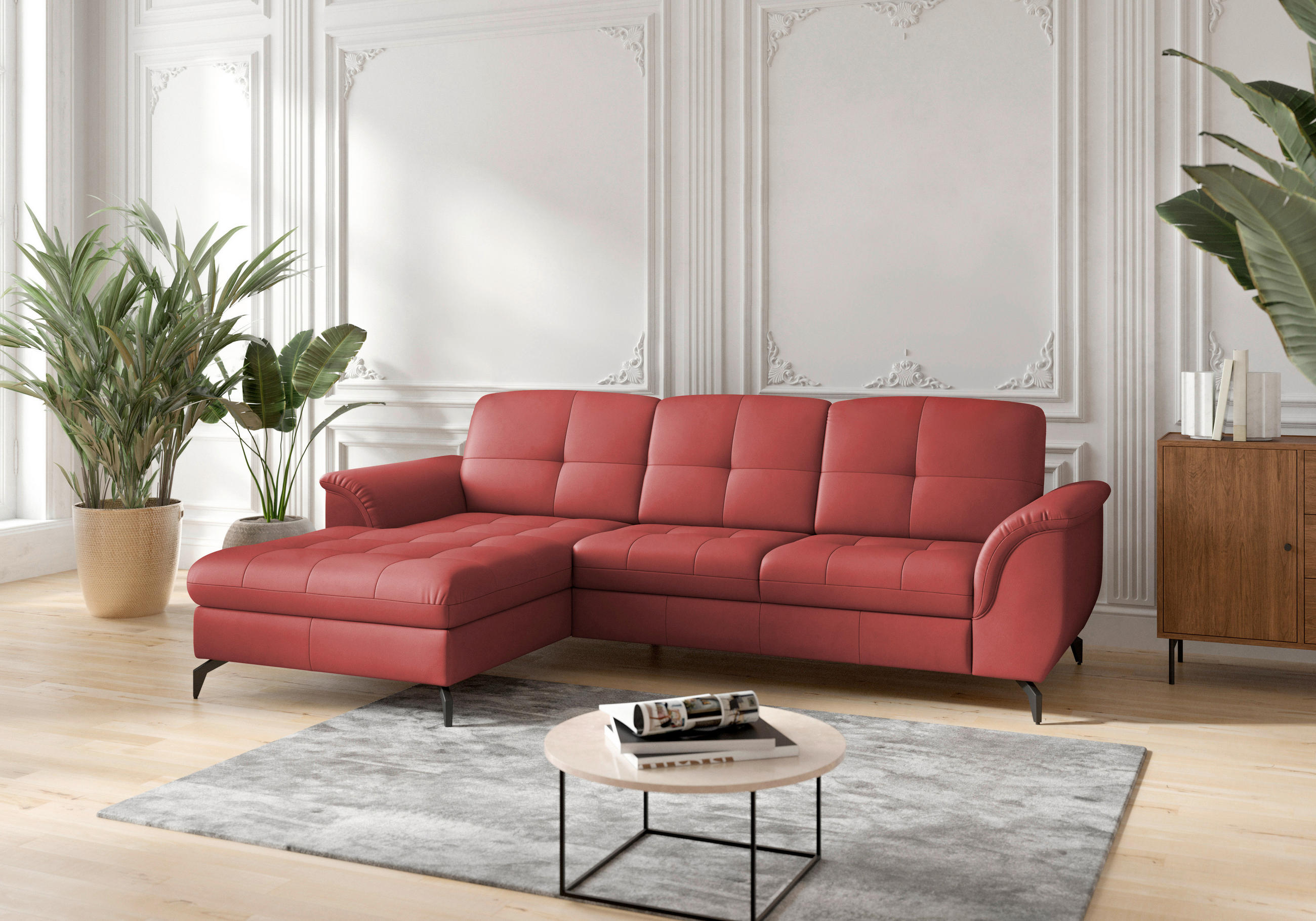 ECKSOFA in Echtleder Rot  164/262 cm  - Rot/Schwarz, MODERN, Leder/Metall (164/262cm) - Sit & More