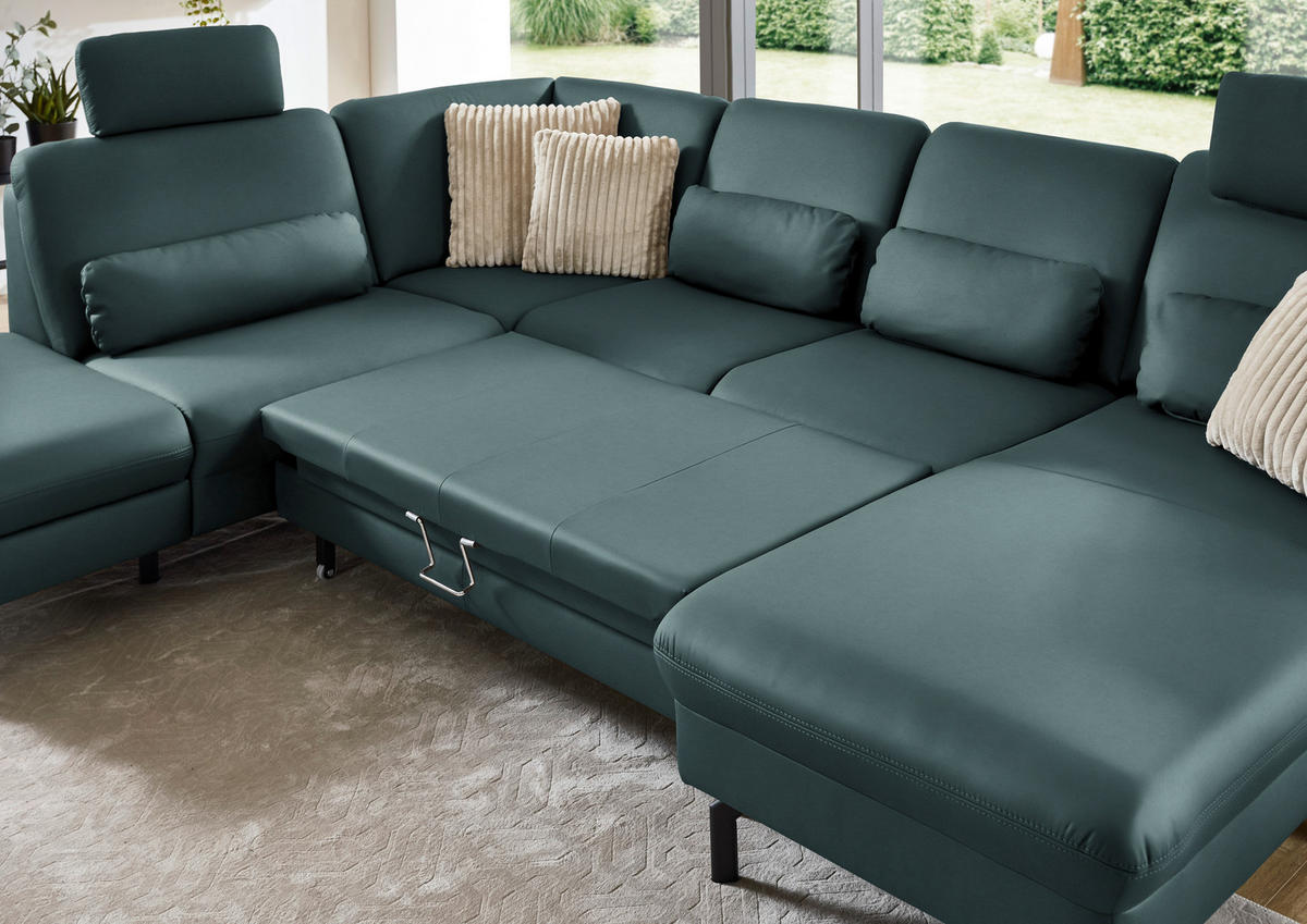 WOHNLANDSCHAFT Echtleder Graublau  - Graublau/Schwarz, Konventionell, Leder/Metall (224/306/168cm) - Beldomo Premium