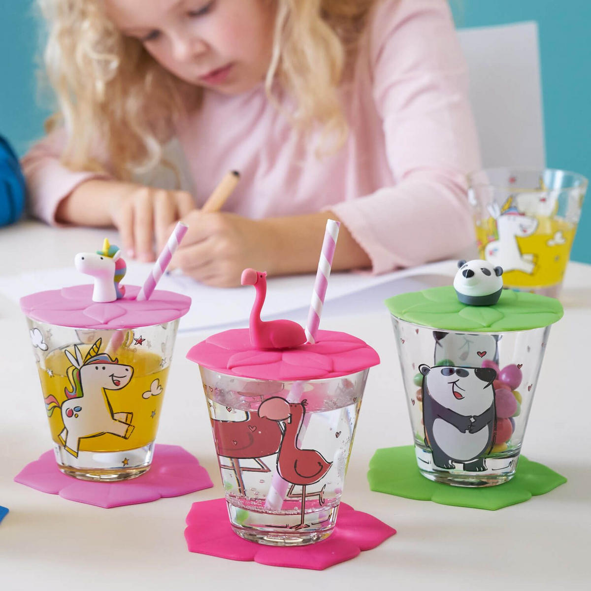 KINDER-GLÄSERSET Bambini  9-teilig  - Pink/Multicolor, KONVENTIONELL, Glas/Kunststoff (21/10/11cm) - Leonardo