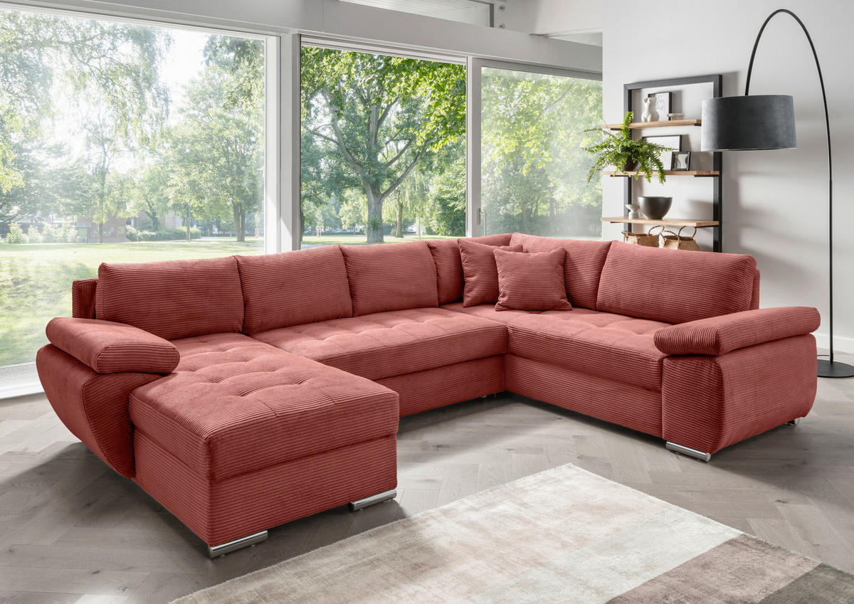 WOHNLANDSCHAFT Koralle Cord  - Chromfarben/Koralle, KONVENTIONELL, Textil/Metall (157/305/219cm) - Livetastic