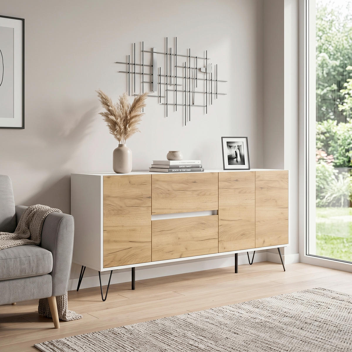 SIDEBOARD Posseik Industrial 177/75,8/42 cm 2 Schublade(n)  - Eichefarben/Weiß Hochglanz, Design, Holzwerkstoff/Metall (177/75,8/42cm) - MID.YOU