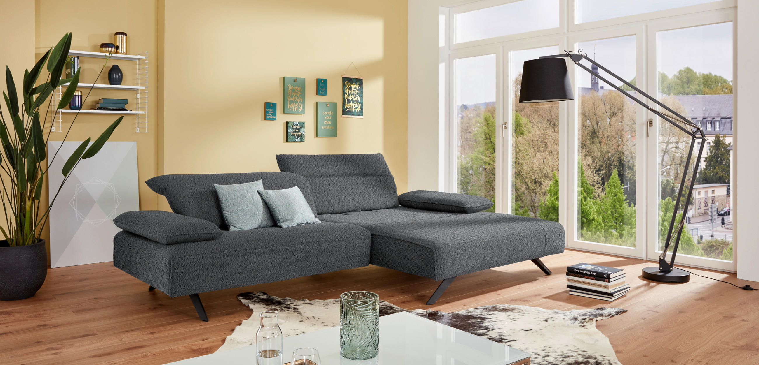 ECKSOFA in Flachgewebe Grau  - Anthrazit/Grau, Design, Textil/Metall (280/164cm) - Johann Jakob