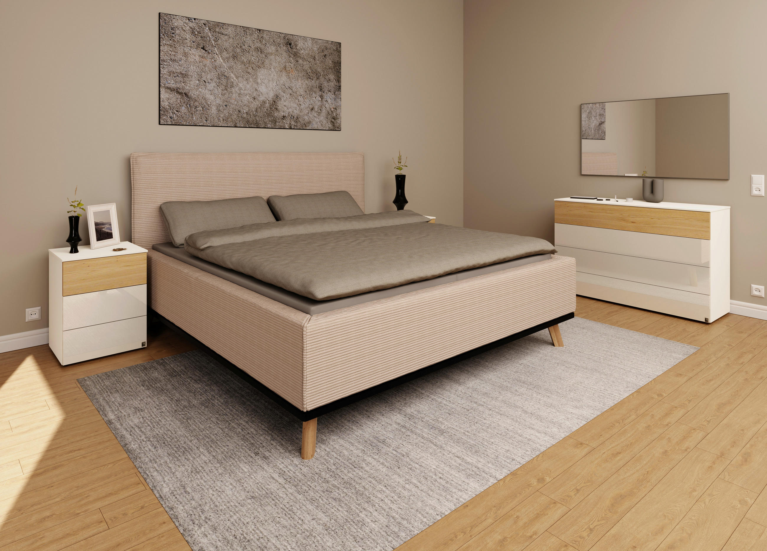 POLSTERBETT Matratze, Lattenrost, Bettkasten 160/200 cm  in Taupe  - Taupe/Eichefarben, Design, Holz/Textil (160/200cm) - Musterring