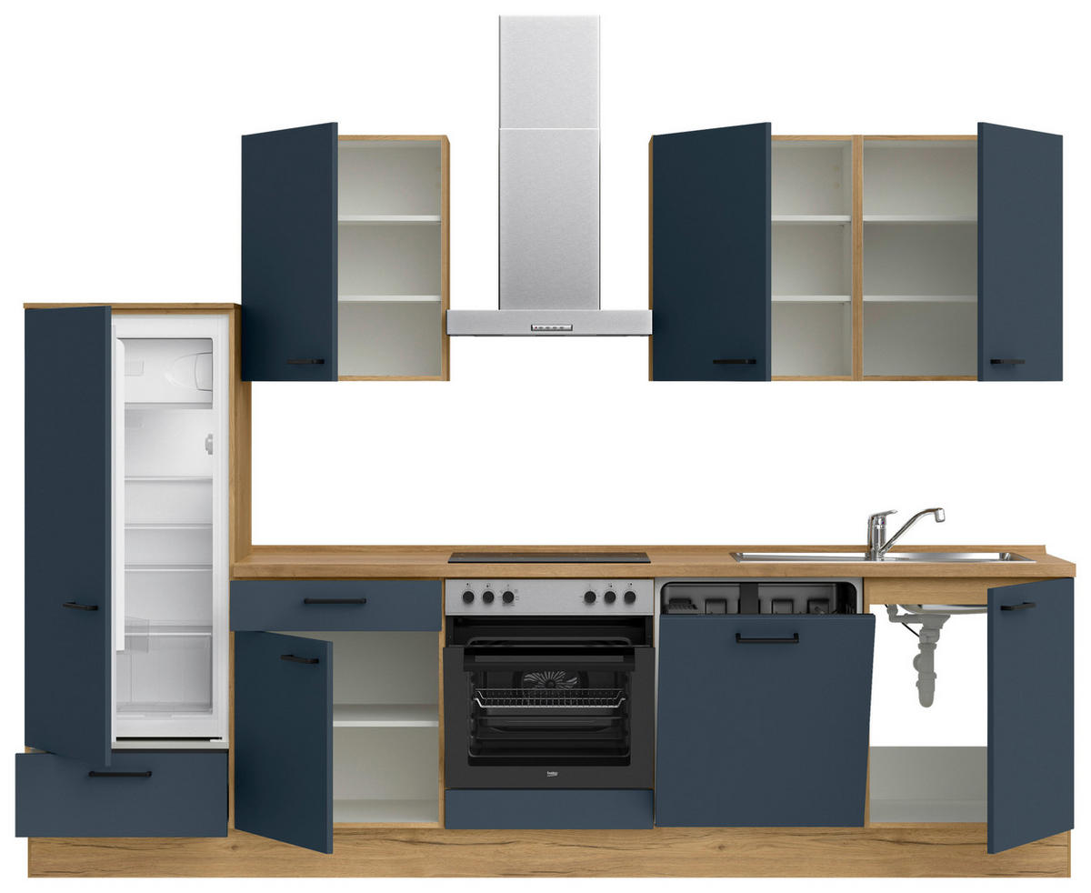 KÜCHENBLOCK Easytouch 300 cm  in Blau, Eichefarben  - Blau/Eichefarben, MODERN, Holzwerkstoff/Metall (300cm) - Nobilia