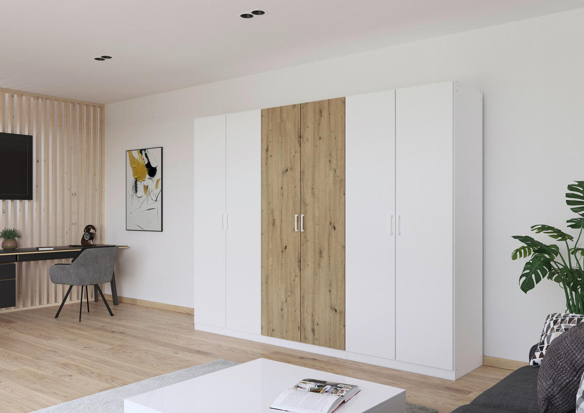 DREHTÜRENSCHRANK  in Weiß, Eiche Artisan  - Weiß/Eiche Artisan, MODERN, Holzwerkstoff/Kunststoff (271/210/54cm) - Rauch Möbel