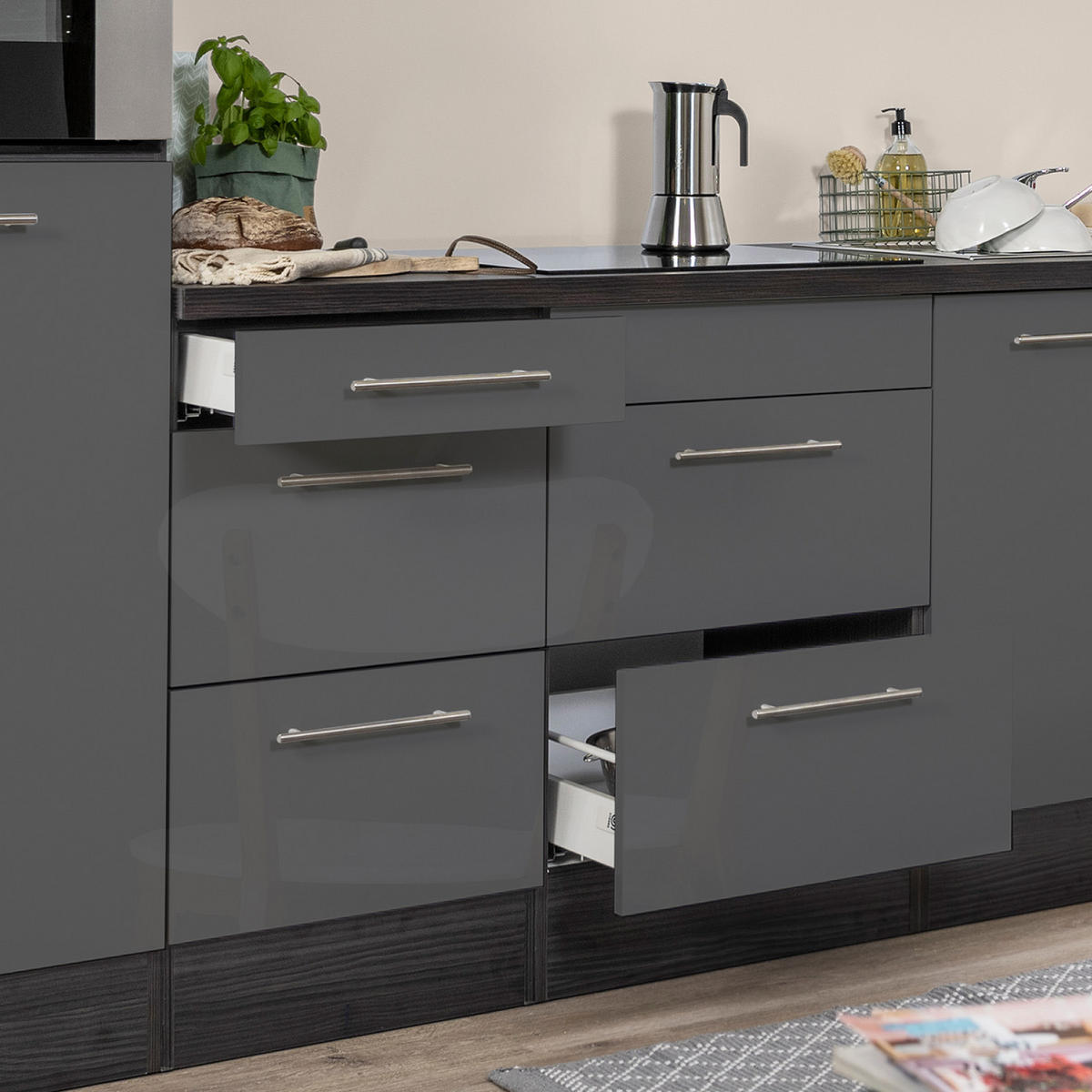 KÜCHENBLOCK 270 cm   in Grau, Eichefarben  - Edelstahlfarben/Eichefarben, Basics, Holzwerkstoff/Metall (270cm) - Respekta