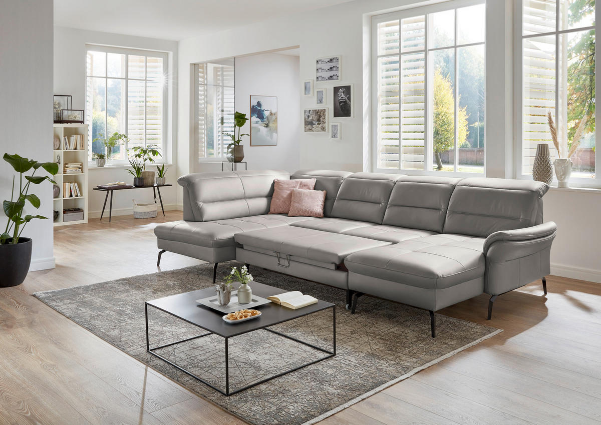 WOHNLANDSCHAFT  in Echtleder Hellgrau  - Hellgrau/Schwarz, Design, Leder/Metall (206/336/181cm) - Beldomo Speed