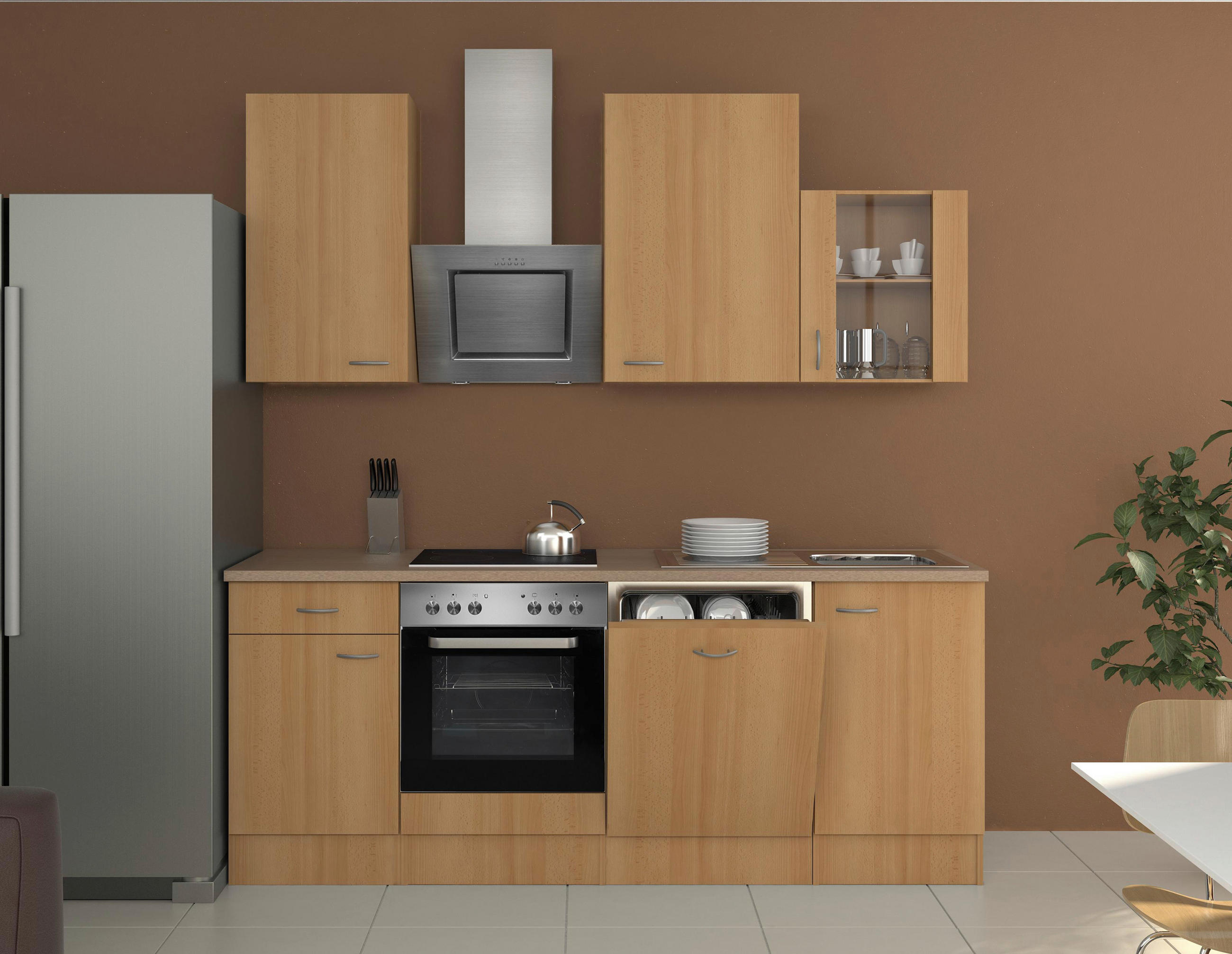 KÜCHENBLOCK 220 cm   in Buchefarben  - Edelstahlfarben/Beige, MODERN, Glas/Holzwerkstoff (220cm) - FlexWell