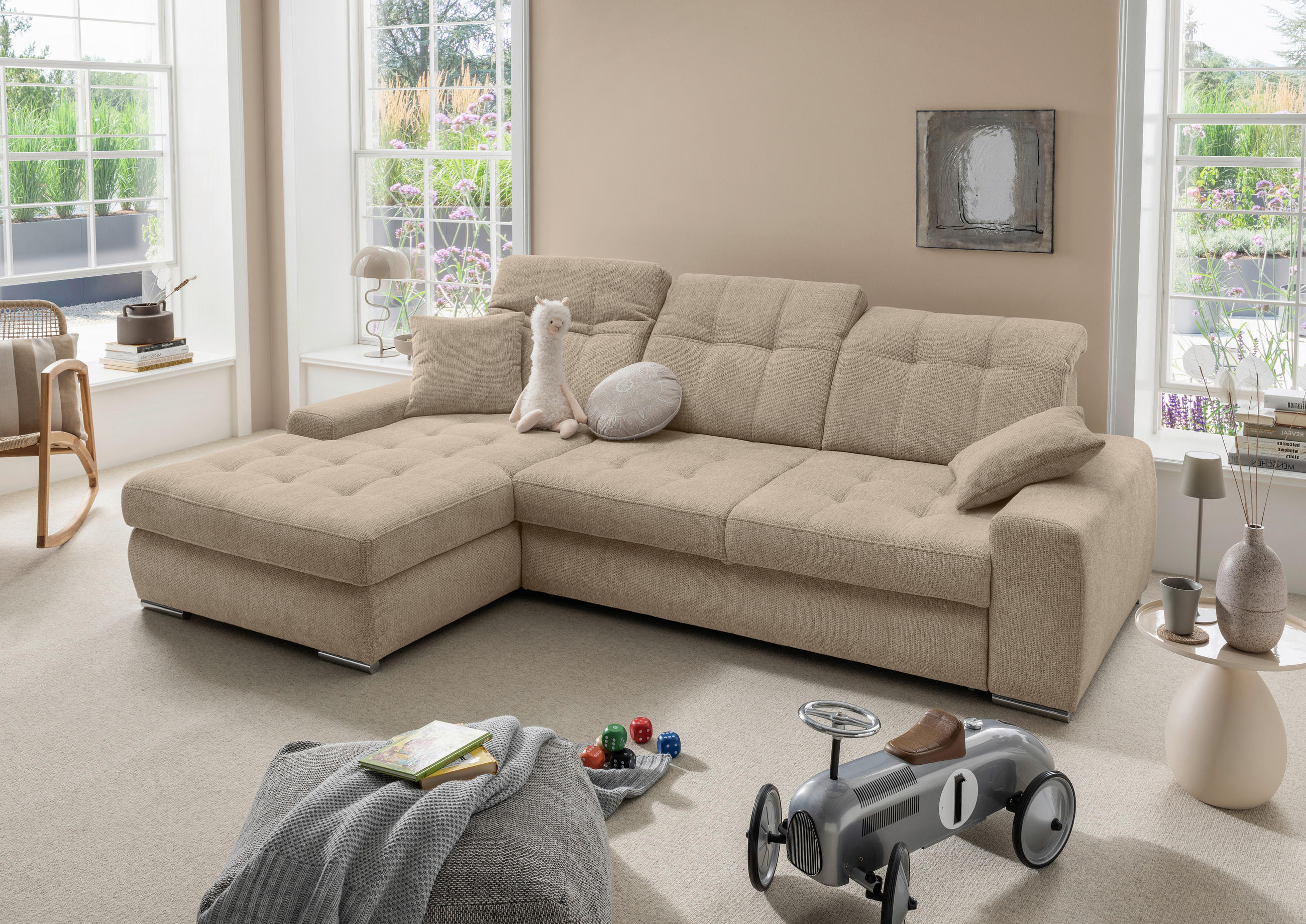 ECKSOFA FRIDO Hellbraun Chenille Bettkasten, Schlaffunktion, Kopfteilverstellung, Sitztiefenverstellung  - Chromfarben/Hellbraun, KONVENTIONELL, Textil/Metall (186/283cm) - Livetastic