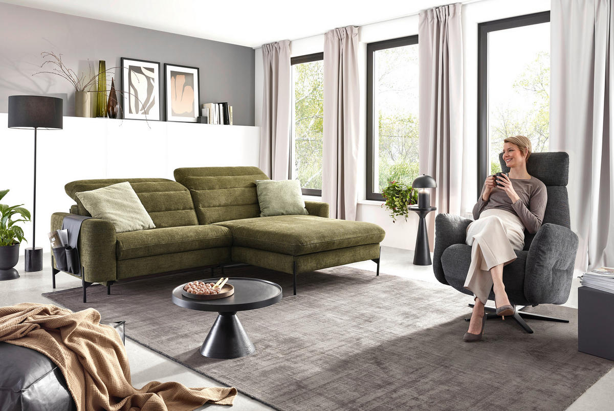 ECKSOFA in Flachgewebe Olivgrün  - Schwarz/Olivgrün, Design, Textil/Metall (252/191cm) - Dieter Knoll