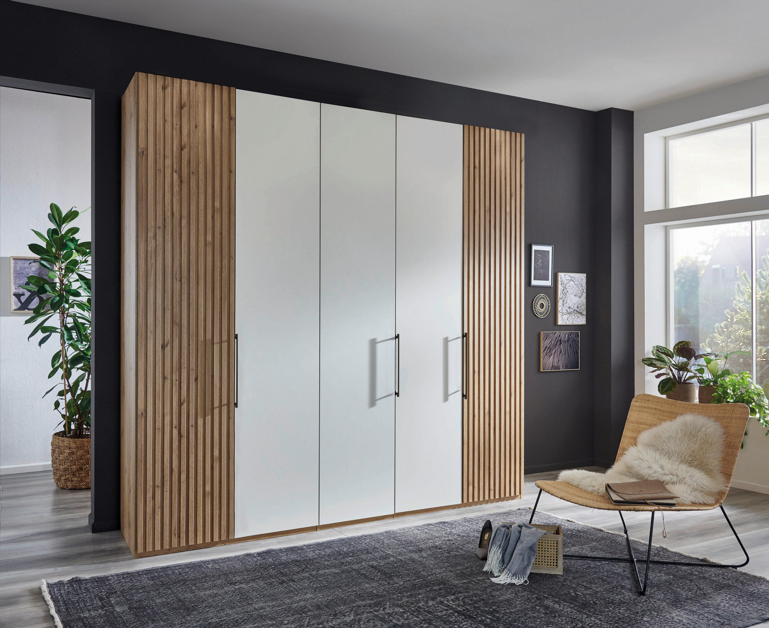 DREHTÜRENSCHRANK 250/216/58 cm 5-türig Weiß, Eiche Bianco  - Schieferfarben/Eiche Bianco, Design, Glas/Holzwerkstoff (250/216/58cm) - Novel