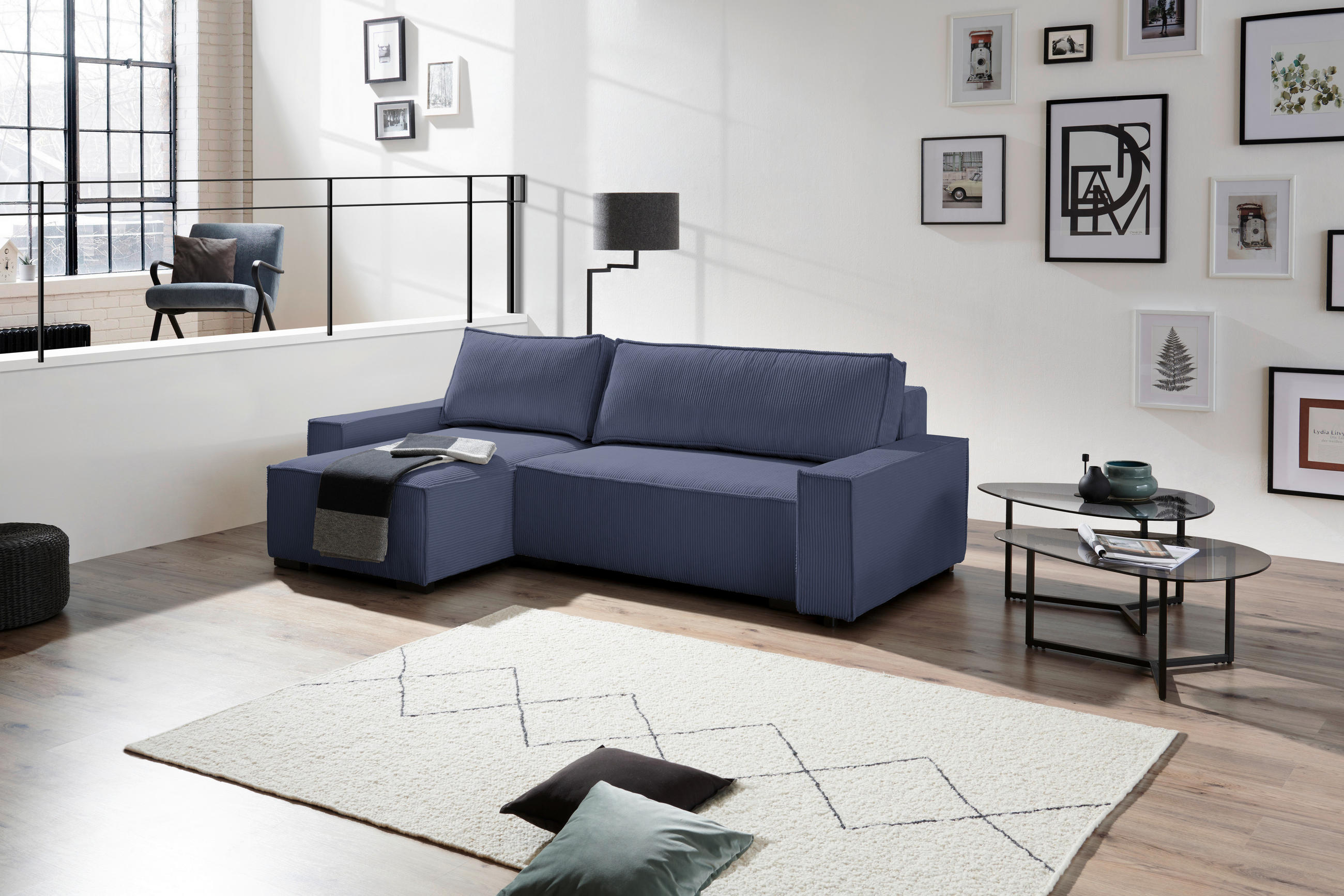 ECKSOFA in Cord, Webstoff Blau  - Blau/Schwarz, Modern, Holz/Textil (157/265cm) - Carryhome