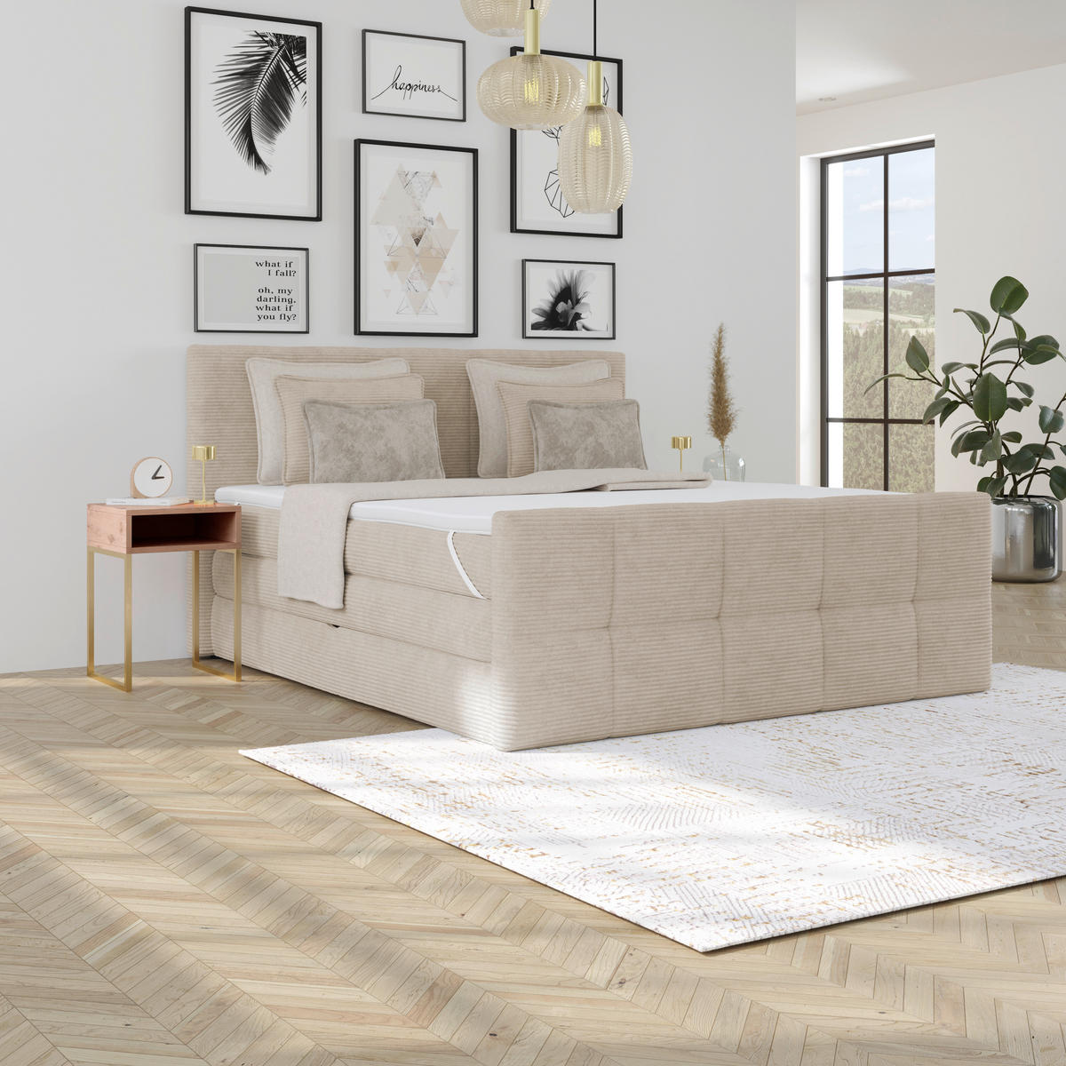 BOXSPRINGBETT 160/200 cm,  in Beige, gepolstertes Kopfteil, Bettkasten, Topper, Matratzen, H3 + H3 = fest  - Beige, KONVENTIONELL, Holz/Holzwerkstoff (160/200cm)