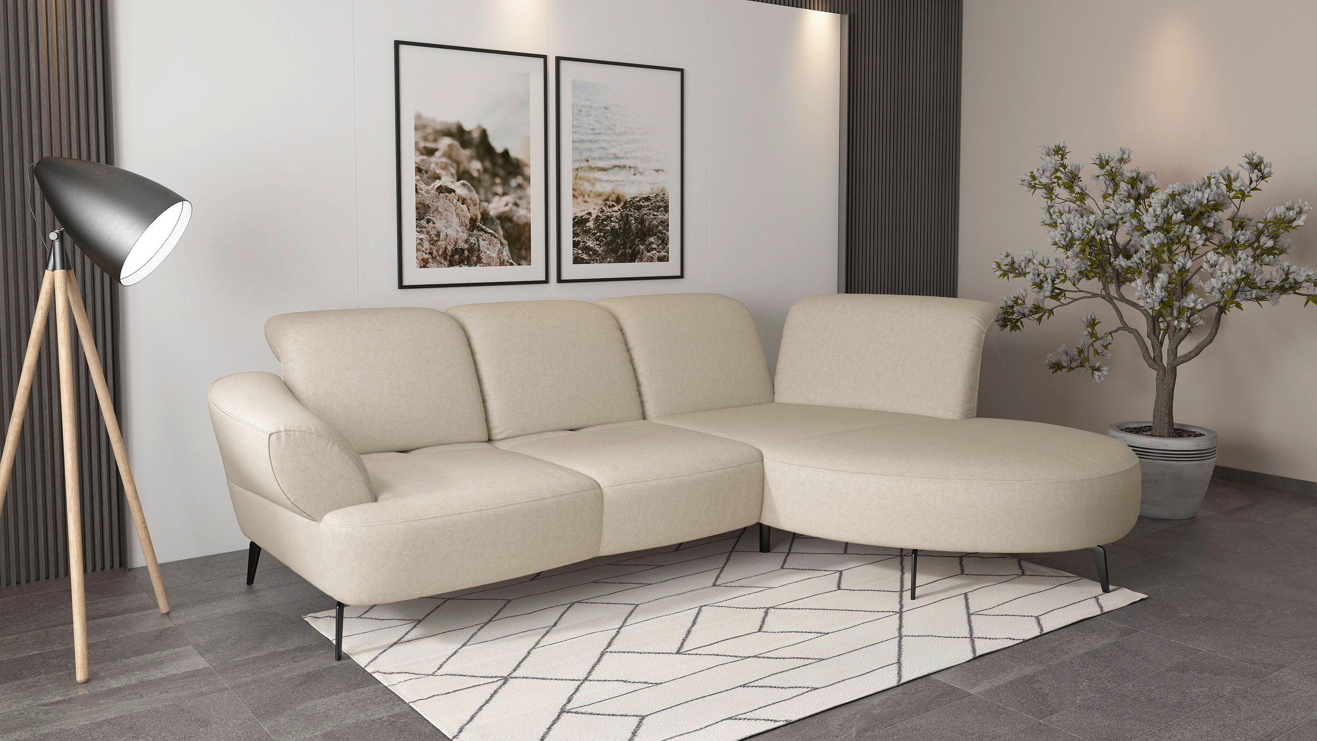ECKSOFA in Flachgewebe Creme  - Creme/Schwarz, Modern, Textil/Metall (313/208cm) - Sit & More