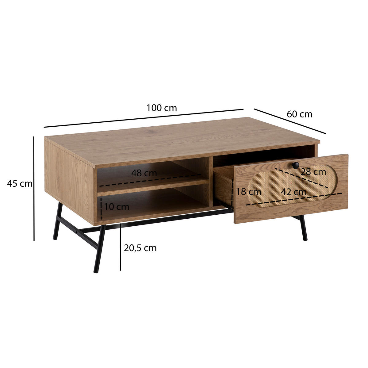COUCHTISCH in Holzwerkstoff 100/60/45 cm  - Eichefarben/Schwarz, Design, Holzwerkstoff/Metall (100/60/45cm) - MID.YOU