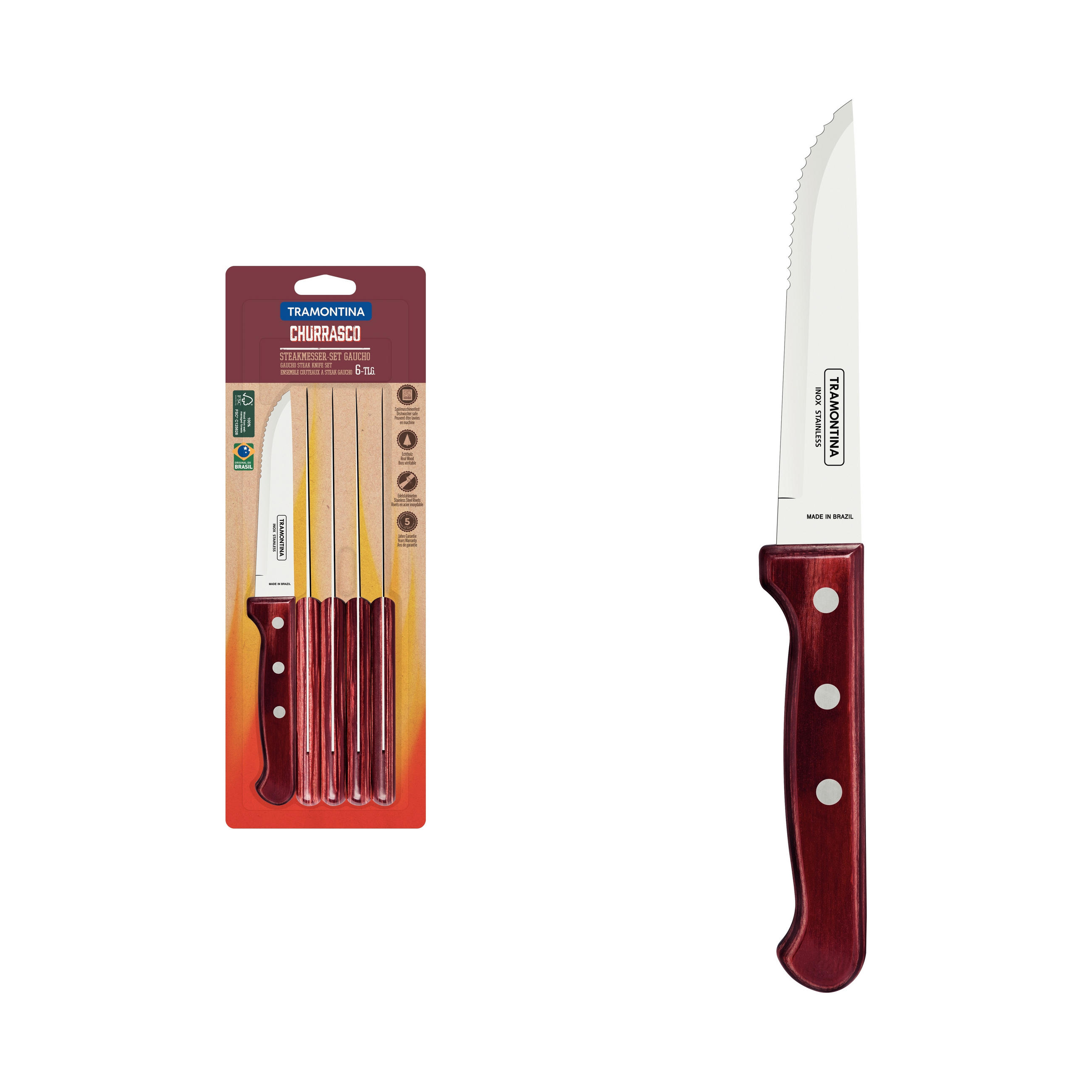 STEAKMESSERSET GAUCHO  - Edelstahlfarben/Rot, Basics, Holz/Metall (23,6cm)