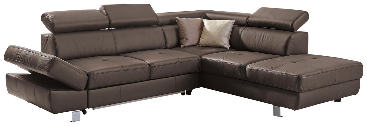 Ecksofa inkl. Funktion Dunkelbraun Kombination Echtleder/Lederlook Lederlook  - Chromfarben/Dunkelbraun, Design, Leder/Textil (265/212cm) - Stylife