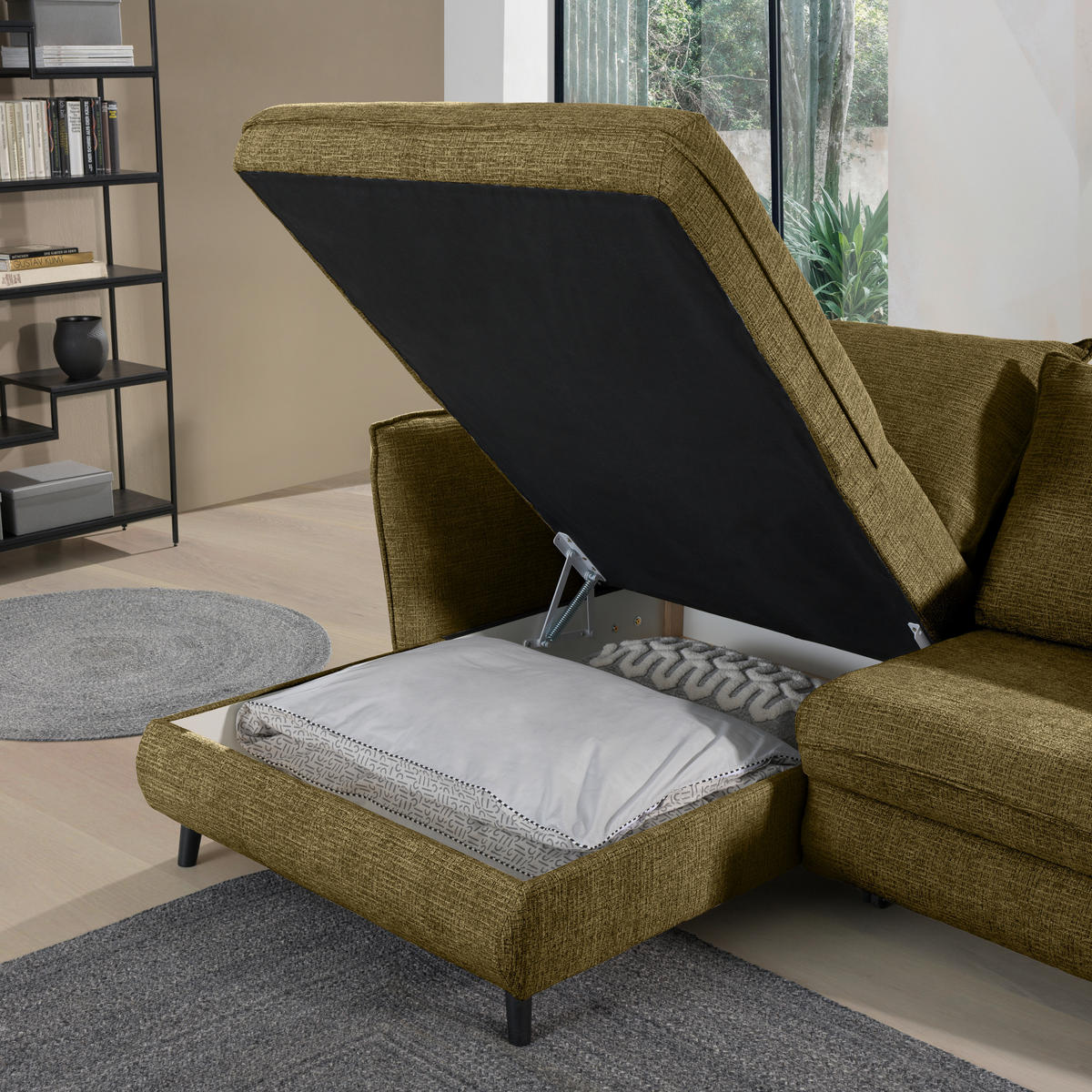 ECKSOFA inkl. Funktionen Olivgrün Struktur  - Schwarz/Olivgrün, Design, Holz/Textil (245/161cm) - Stylife