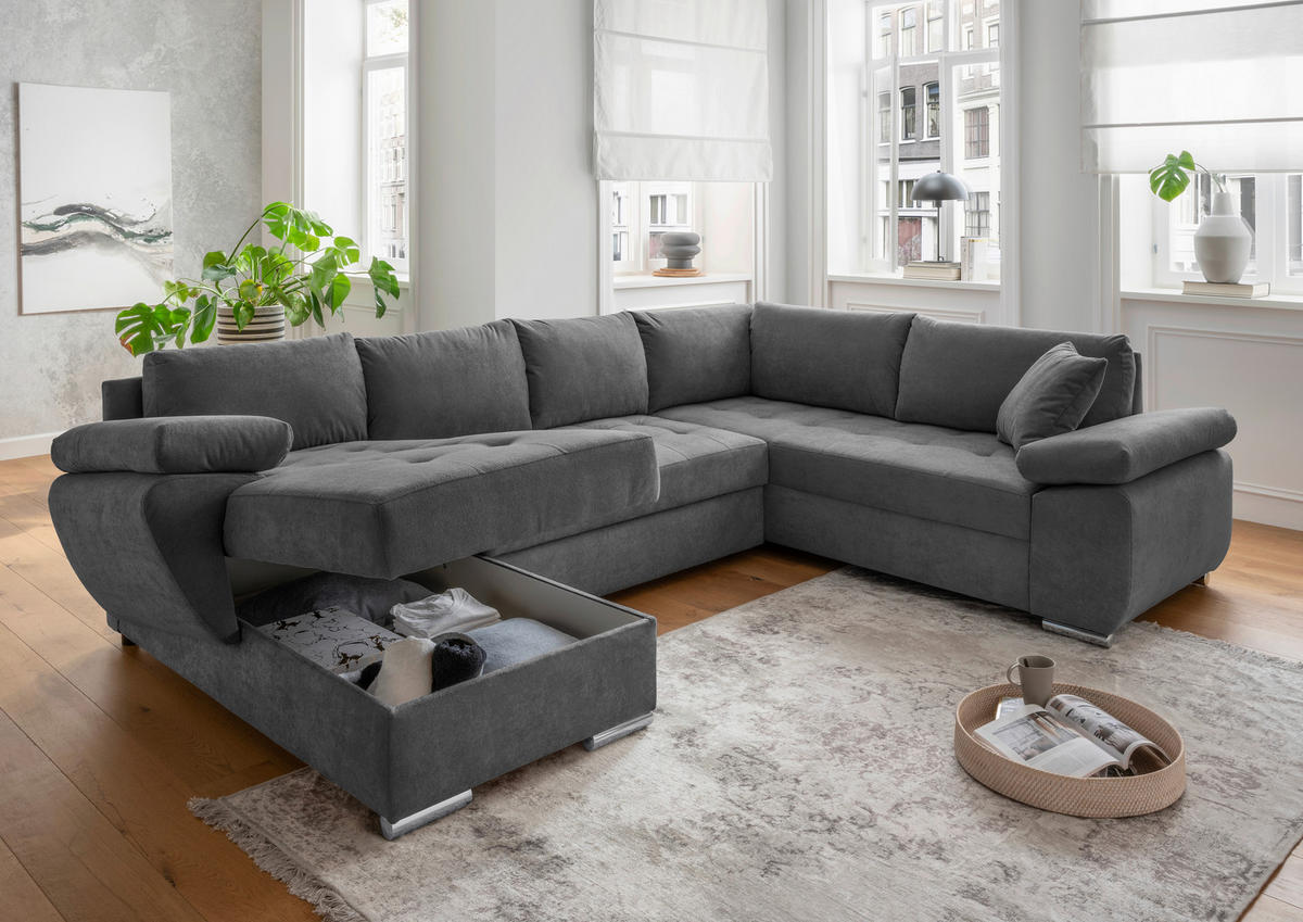 WOHNLANDSCHAFT Anthrazit Mikrofaser  - Chromfarben/Anthrazit, KONVENTIONELL, Textil/Metall (157/305/219cm) - Livetastic