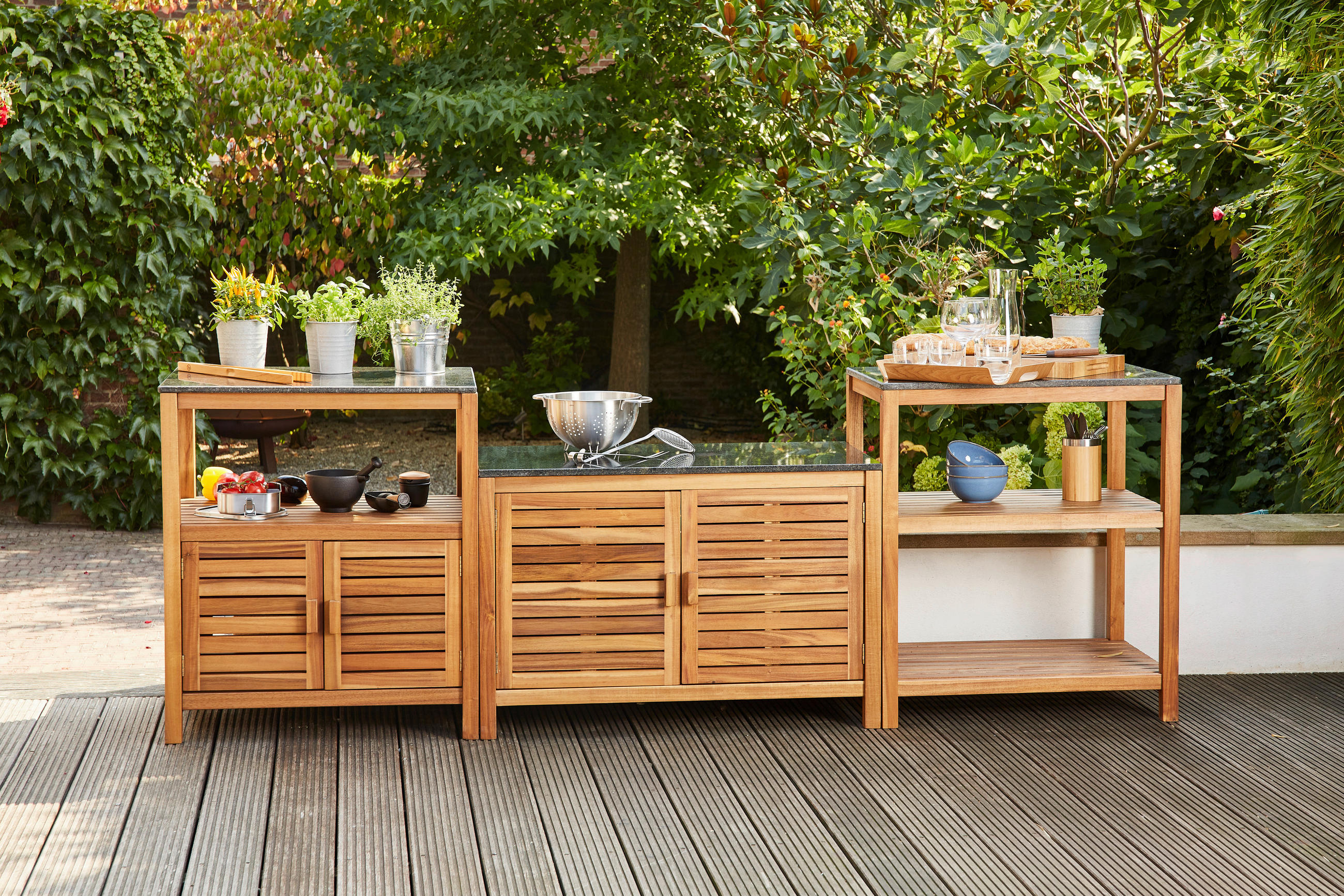 OUTDOORKÜCHE - Schwarz/Akaziefarben, MODERN, Holz/Stein (75/87/52cm) - Siena Garden
