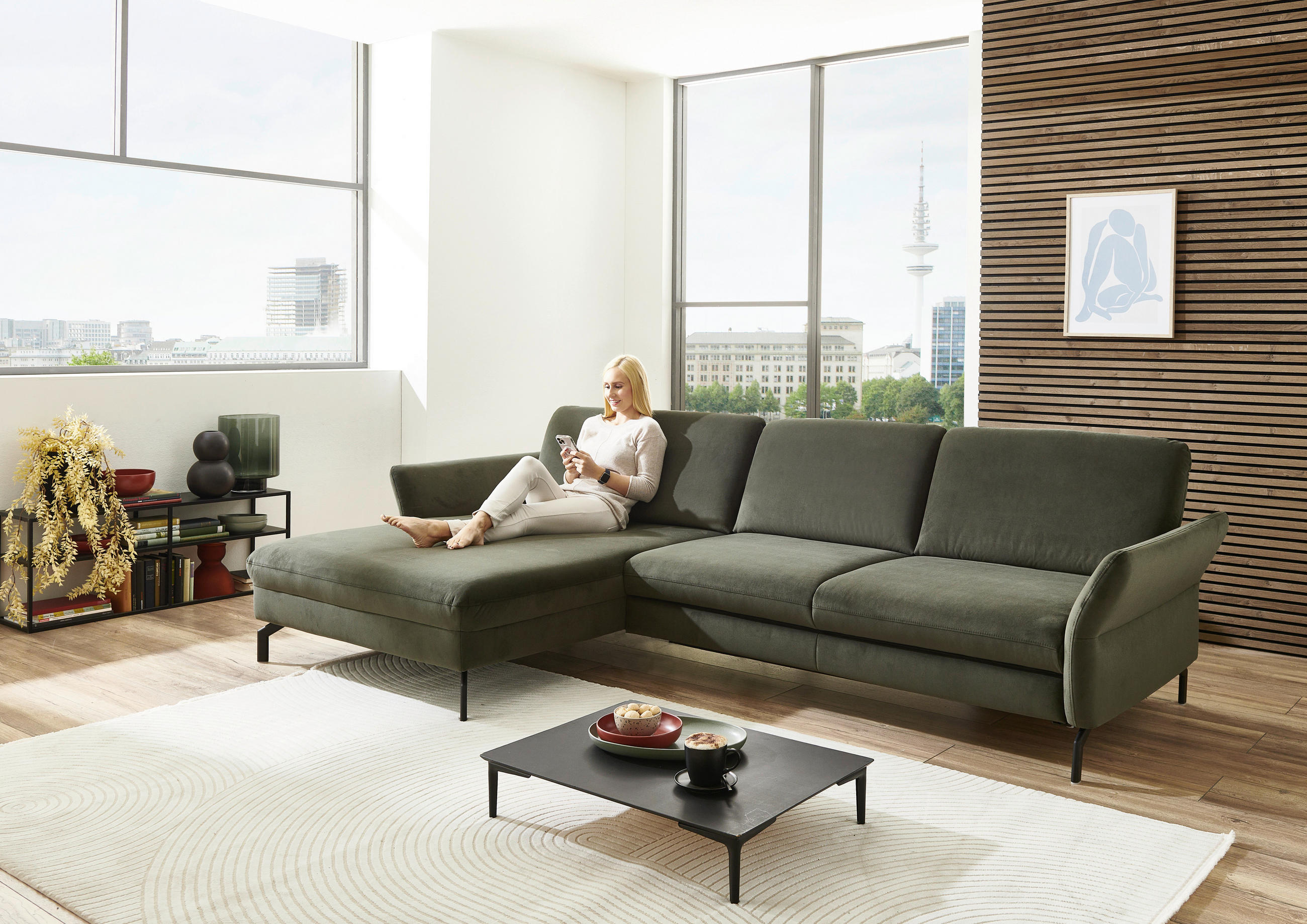 ECKSOFA in Velours Olivgrün  - Schwarz/Olivgrün, Design, Textil/Metall (179/306cm) - Beldomo System