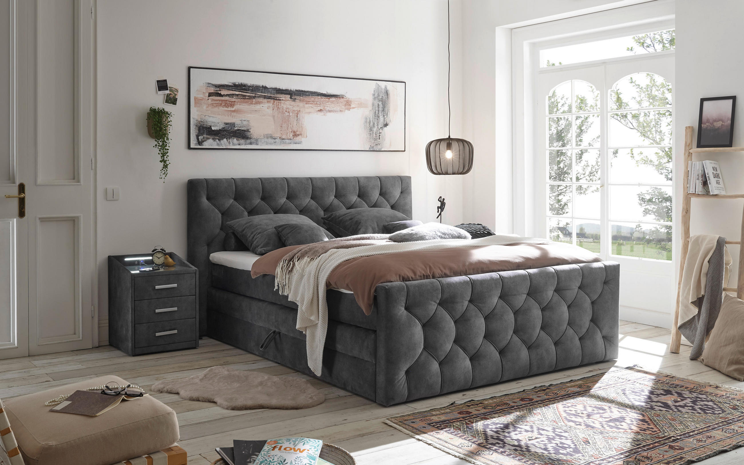 Doluna Boxspringbett Andybur 180x200 Cm – Mit Visco-Topper, 7-Zonen-Taschenfederkern, Hellgrau H2