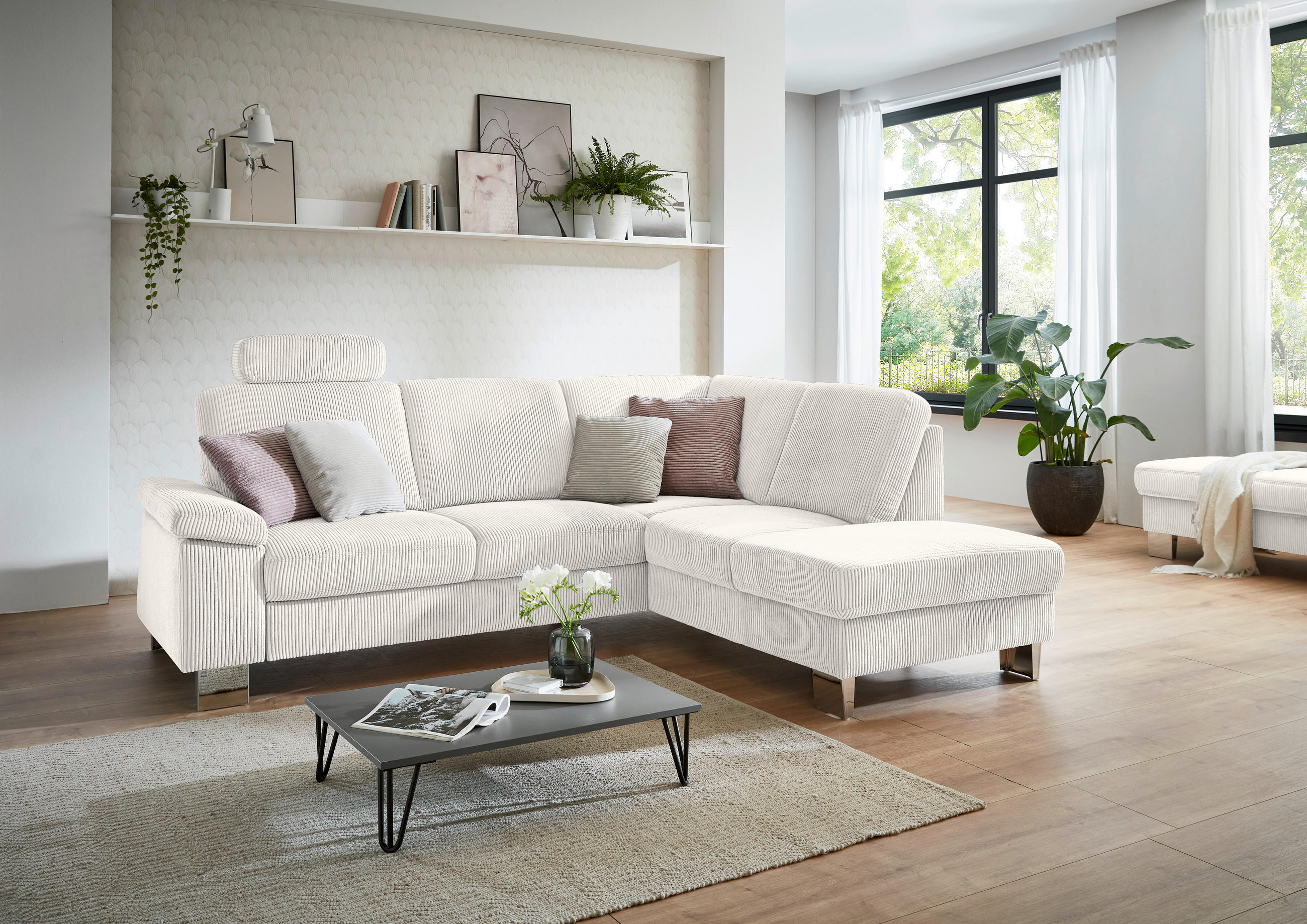 ECKSOFA in Cord Beige  - Edelstahlfarben/Beige, Konventionell, Textil/Metall (248/200cm) - Beldomo System
