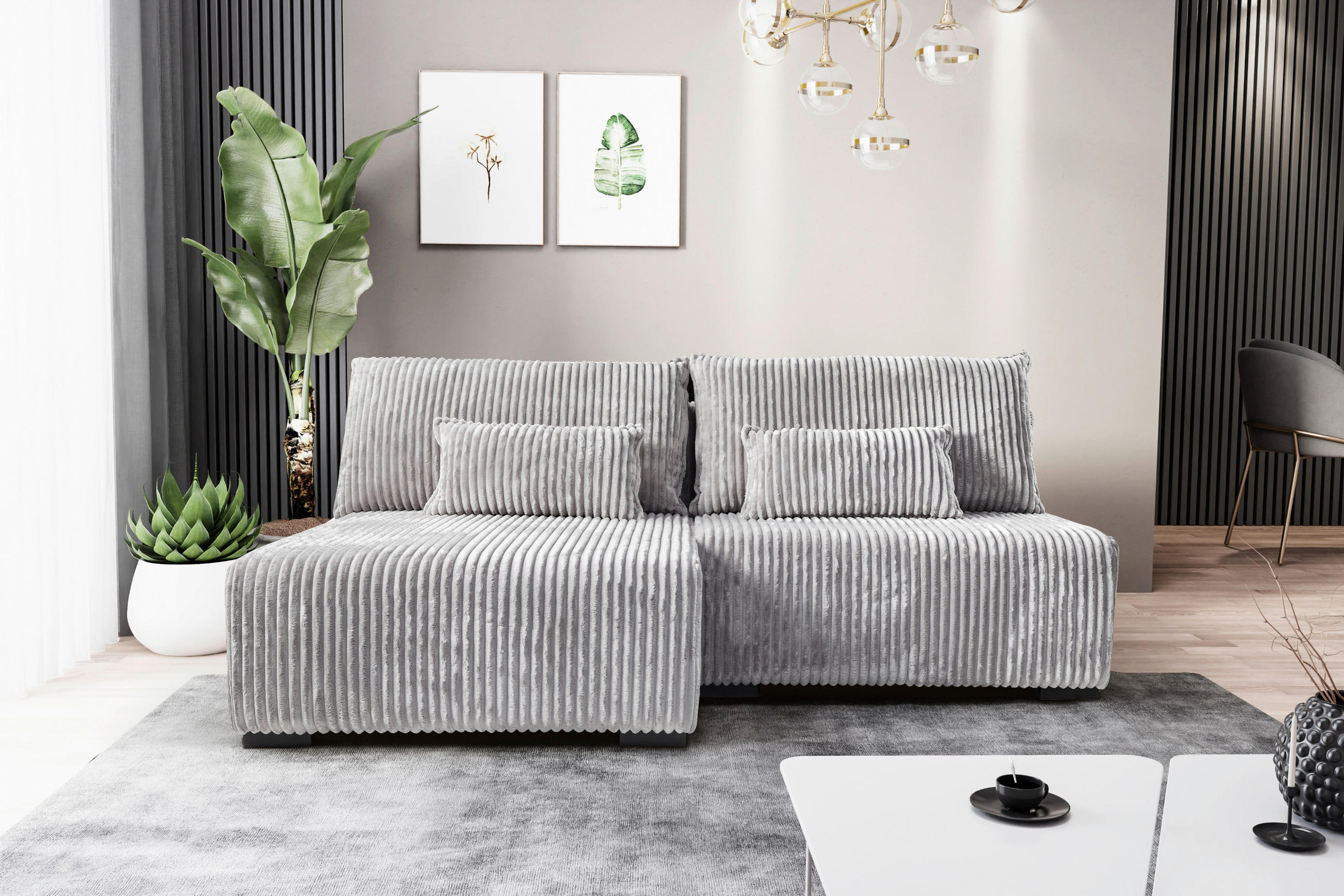ECKSOFA in Cord Hellgrau  - Hellgrau/Schwarz, Modern, Holz/Textil (145/210cm) - MID.YOU