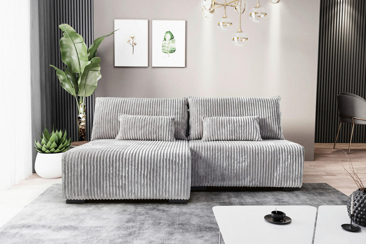 ECKSOFA in Cord Hellgrau  - Hellgrau/Schwarz, Modern, Holz/Textil (145/210cm) - MID.YOU