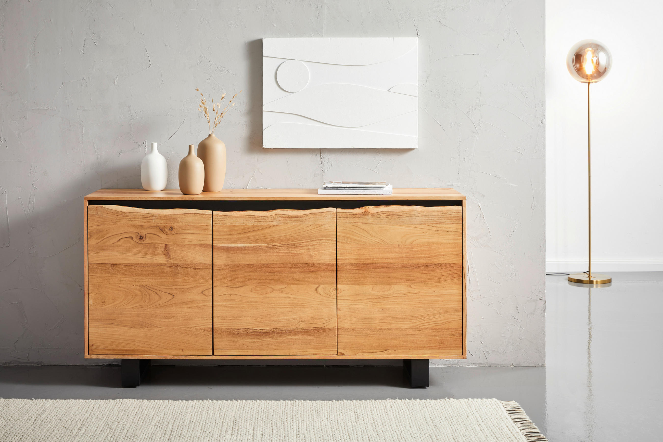 Quito Sideboard 160/80/40 cm  in Schwarz, Akaziefarben  - Schwarz/Akaziefarben, Design, Holz/Metall (160/80/40cm) - Livetastic
