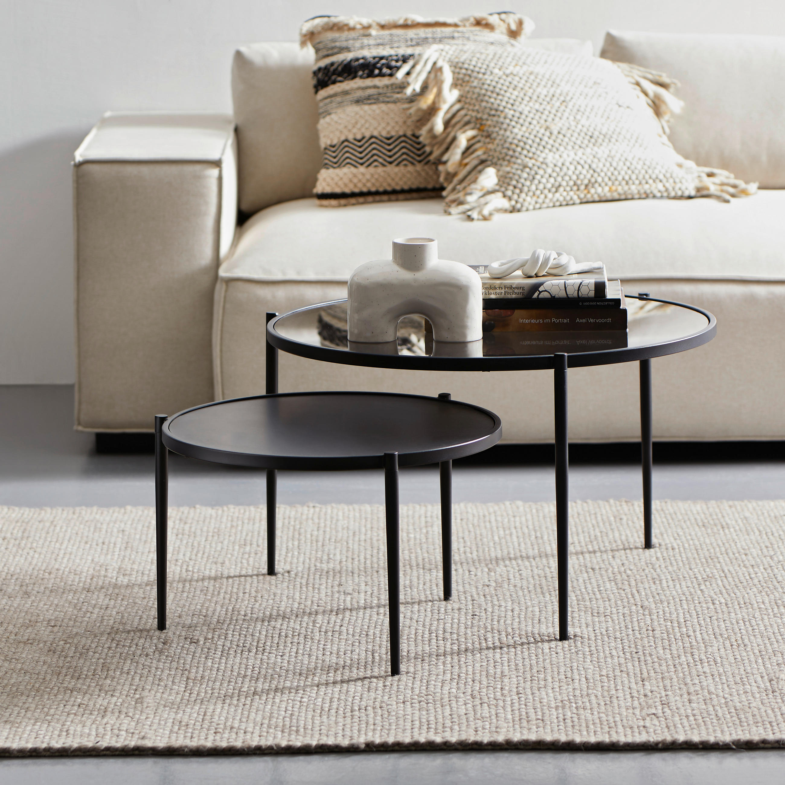 COUCHTISCHSET ESG 70/70/42 cm rund Grau, Schwarz  - Schwarz/Grau, Design, Glas/Metall (70/70/42cm) - Carryhome