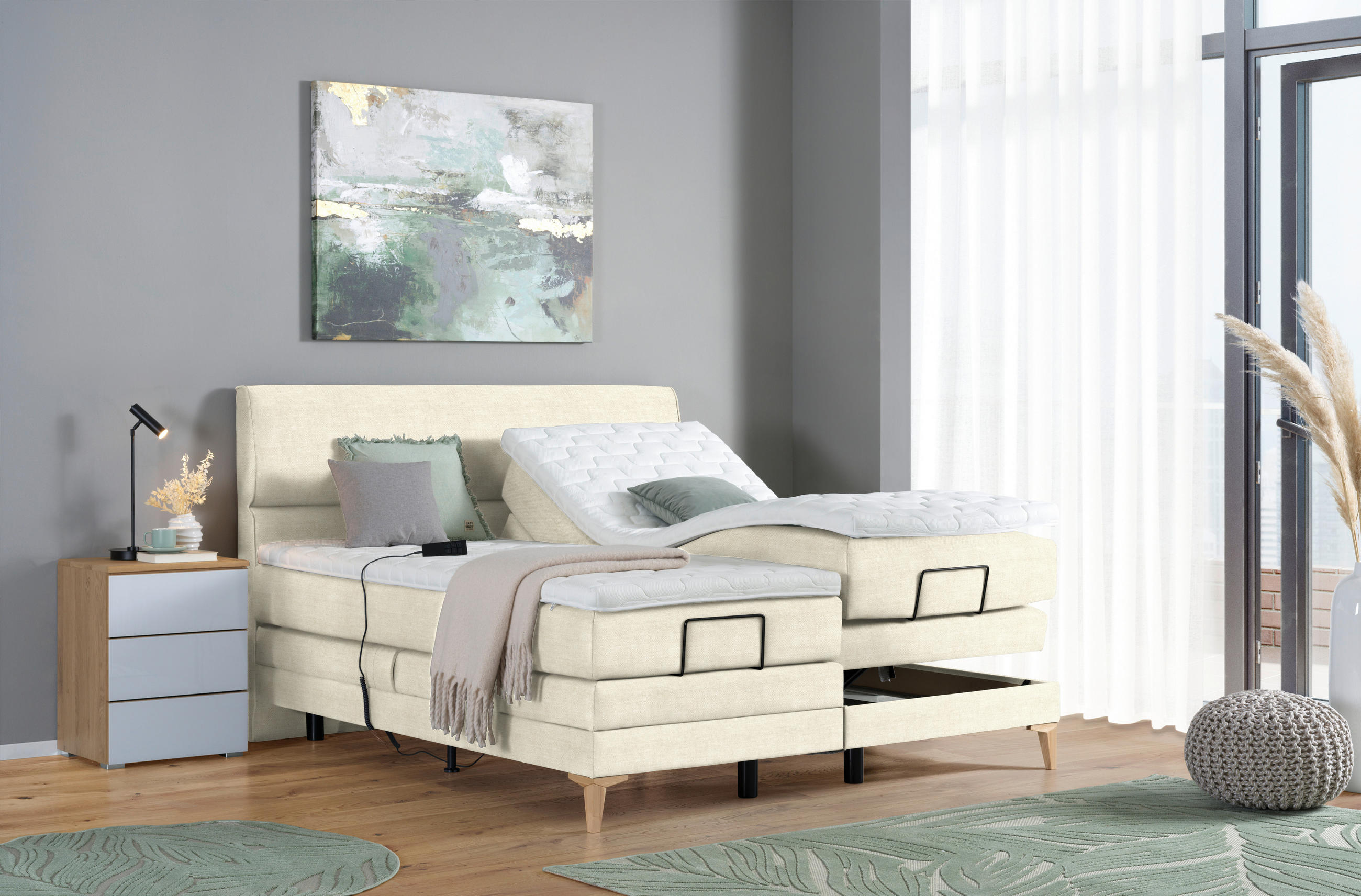 BOXSPRINGBETT 200/200 cm  in Creme  - Eichefarben/Creme, KONVENTIONELL, Holz/Textil (200/200cm) - Voleo